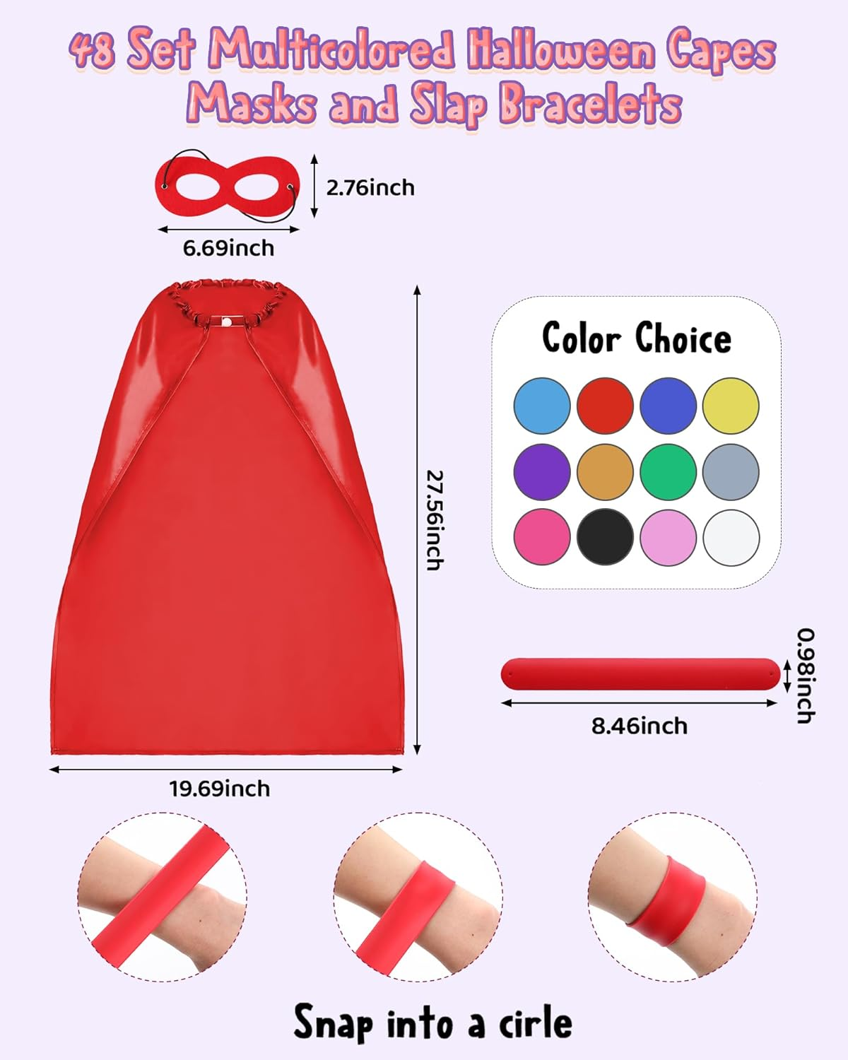 Jenaai Bulk Heroic Capes and Masks for Kids Boys Girls with Slap Bracelets Dress-Up Group Costumes Christmas Party Gifts image number 2