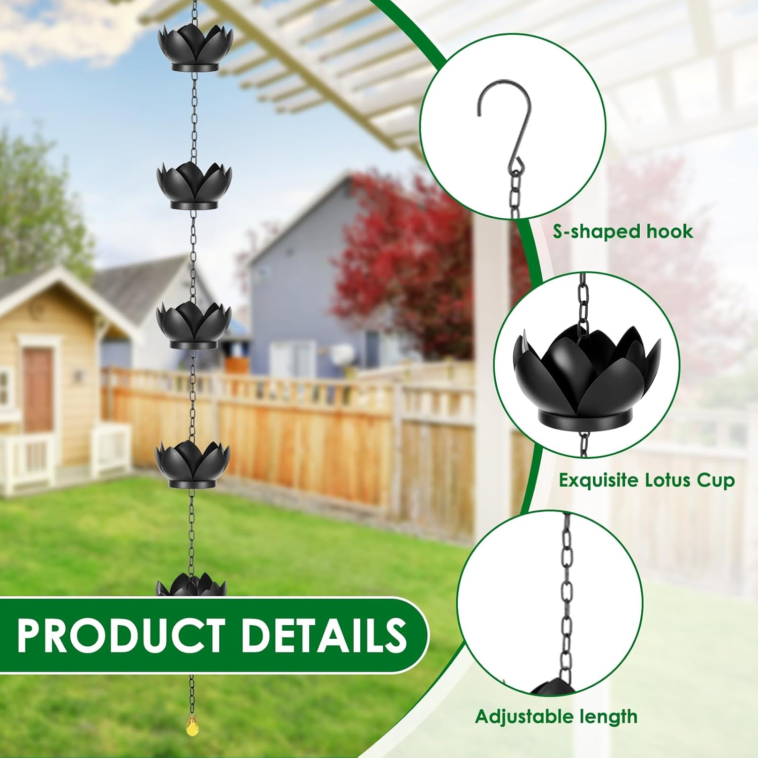 Rdjeokf Metal Rain Chain Replacement, with S Hook Adjustable Length, Imitation Water Lily Rain Chain, Premium Rain Chains for Gutters