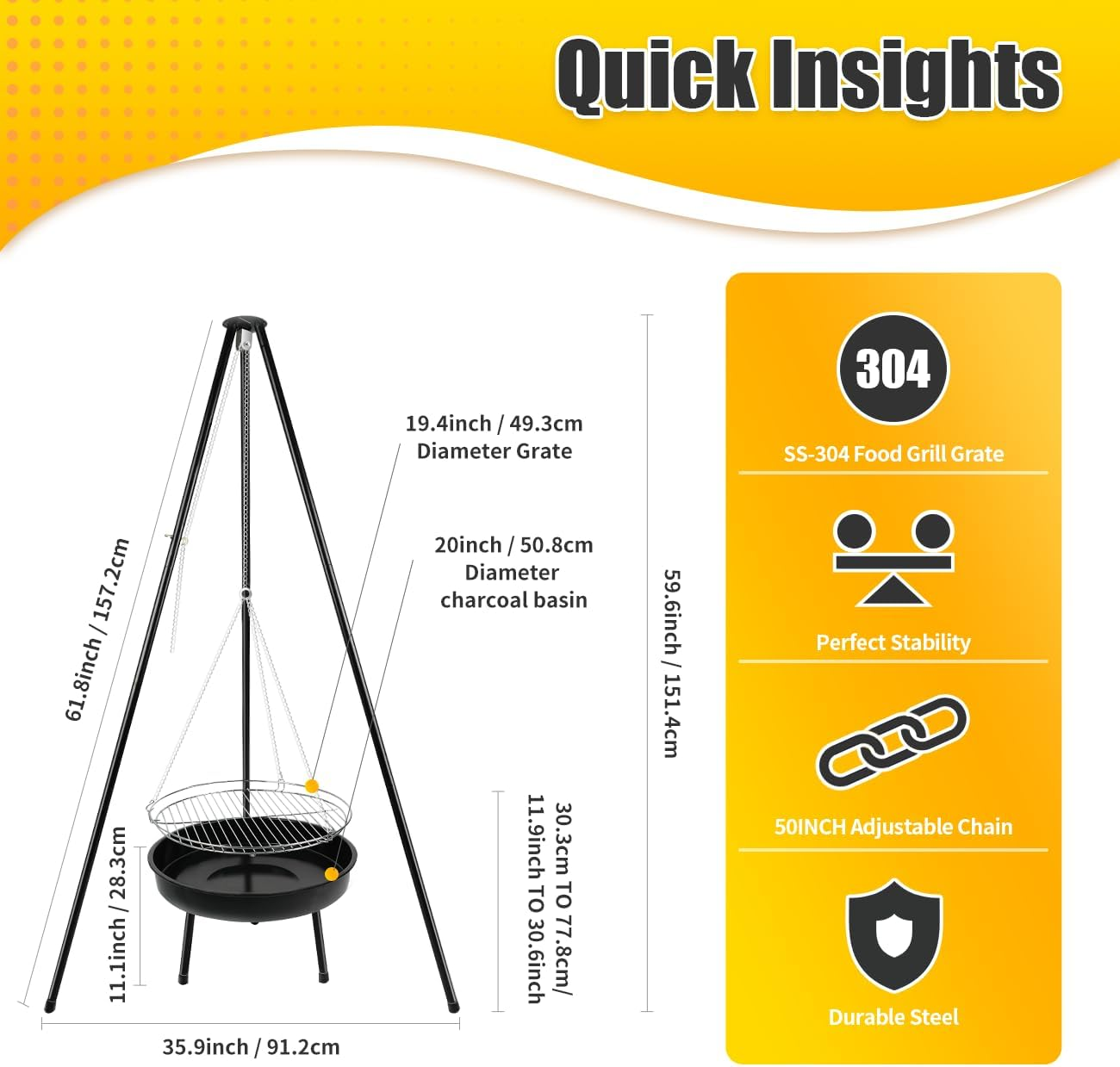 Gzcmxh Campfire Tripod Grill: Campfire Cooking with Adjustable Height Hook - Durable Stainless Steel Grill for Outdoor Picnic,Camping (Black) image number 1