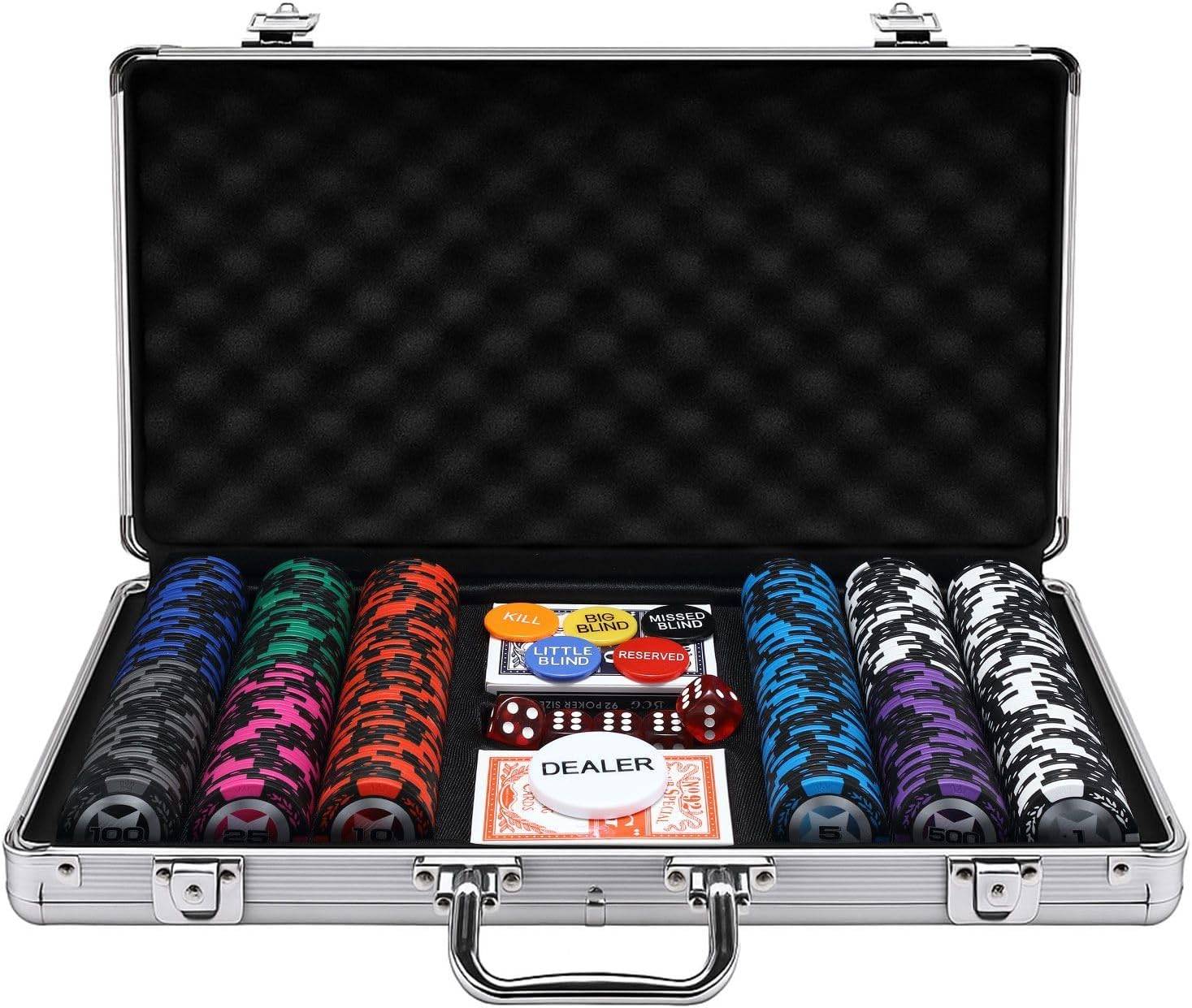 Casino Poker Chips Set, 500PCS 11.5 Gram 6 Colors Casino Chips Poker Set with Aluminum Travel Case,6 Buttons，2 Decks of Cards, 5 Dice, for Texas Holdem Blackjack Gambling