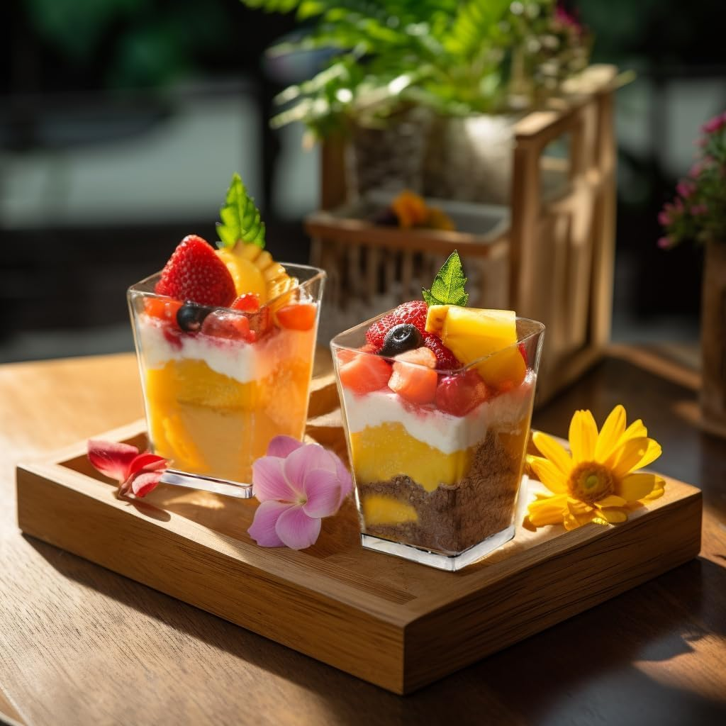 100 Pcs Dessert Square Cups,60Ml 2Oz with 100 Spoons,Clear Square Dessert Bowls,Washable Dessert Serving Bowl for Capcake,Ice Cream,Mousse,Pudding,Reusable Serving Cups for Tasting Party image number 1