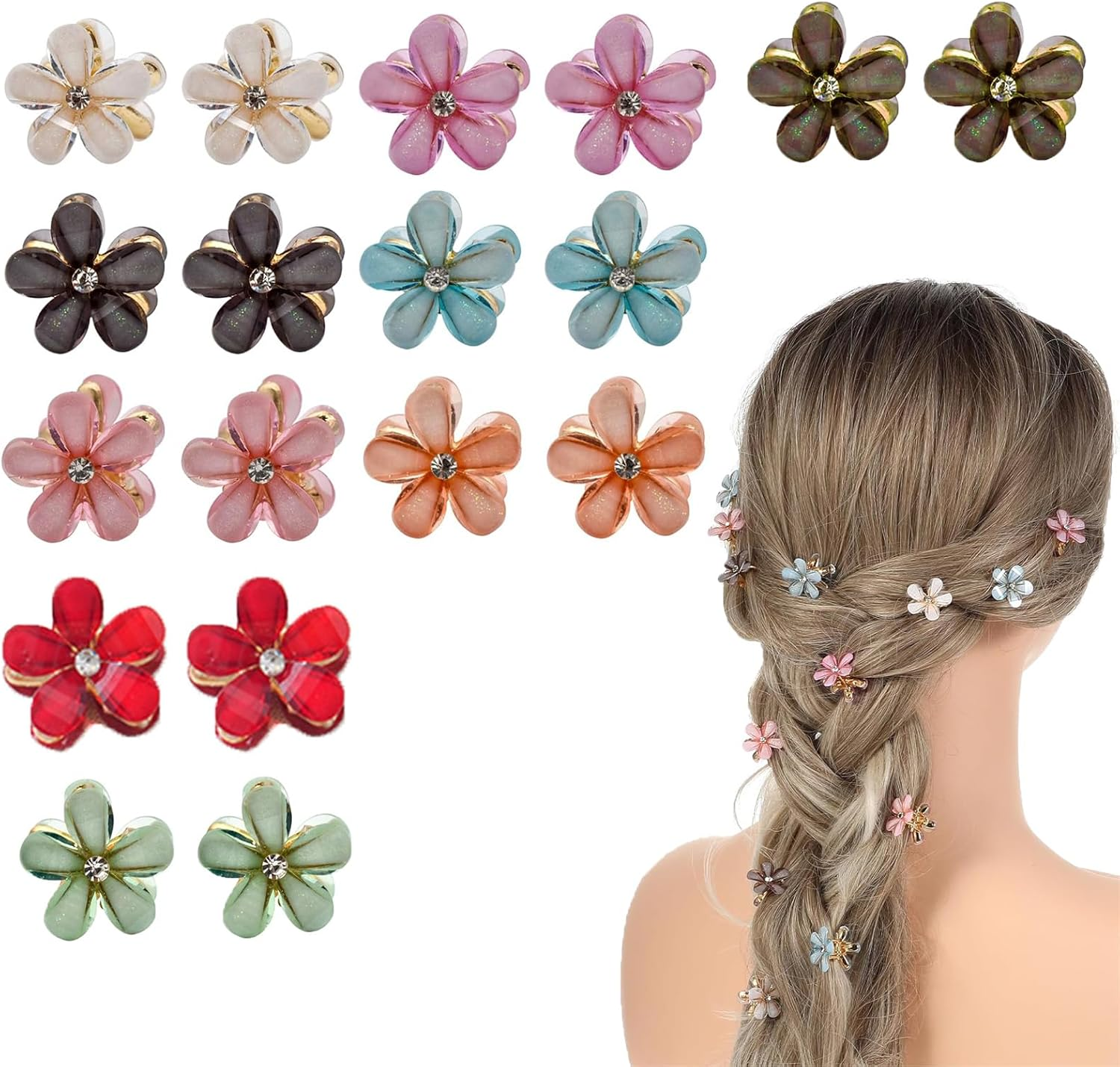 FISH DRAGATE Pack of 18 Flower Hair Clips, Small Flower Hair Clip, 9 Colours Flower Hair Clip, Flower Accessories, Flower Hair Clip, Mini Diamond Hair Clips for Girls, Women, Wedding, Party image number 3