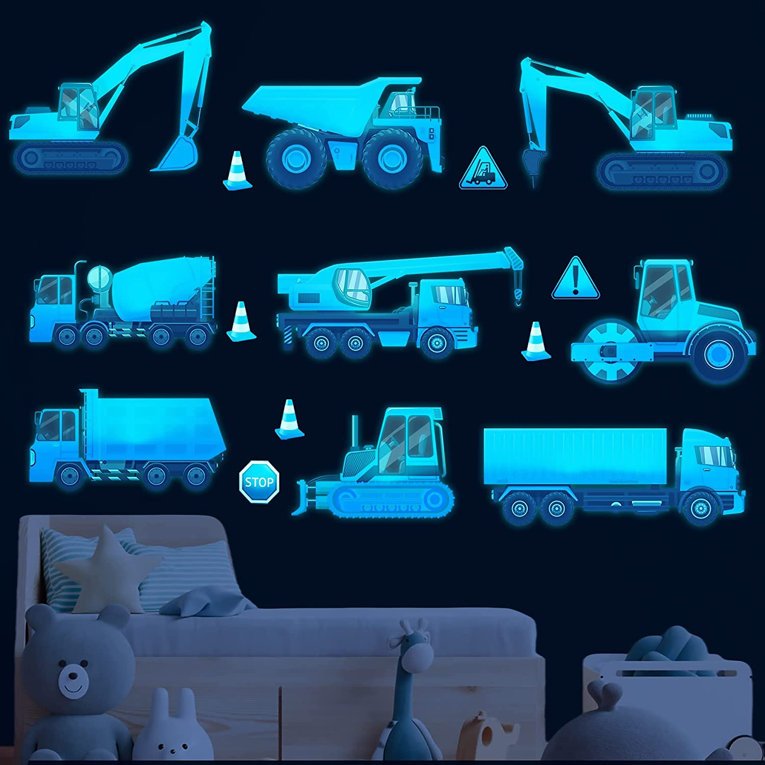 Construction Wall Decals Glow in the Dark Wall Stickers City Vehicles Car Wall Decal Luminous Truck Excavator Tractor Decals Transportation Sticker Boys Kids Bedroom Playroom Nursery Ceiling Decor image number 6