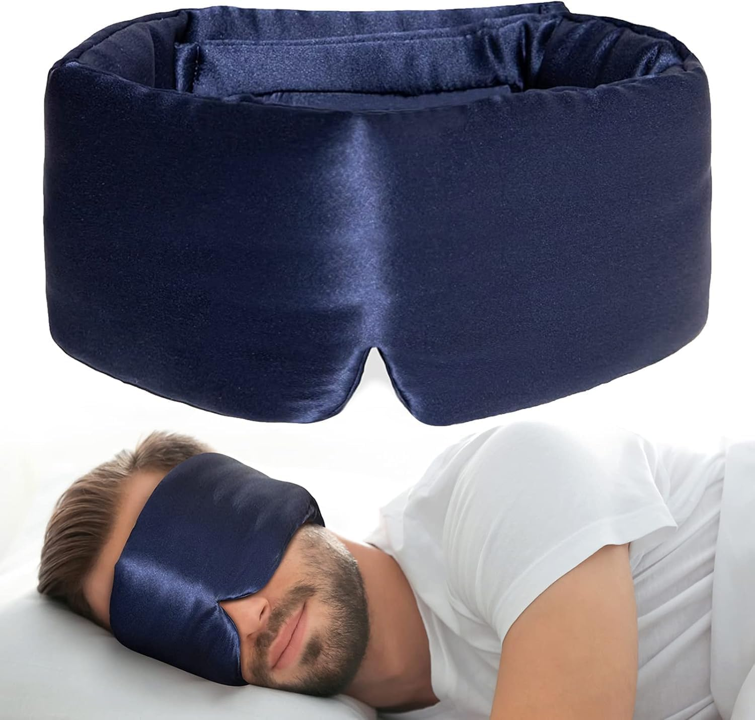 TCOTBE Silk Sleep Mask for Women Men, Mulberry Silk Eye Sleeping Mask & Blindfold with Adjustable Velcro Strap, Blackout Eye Cover for Sleep Travel Yoga Nap, Large Size, Navy Blue image number 1