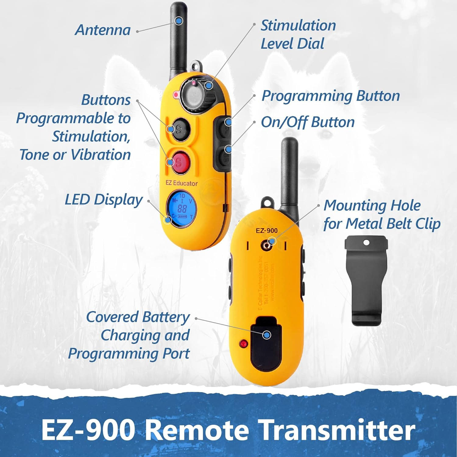 E-Collar Educator EZ-900-1/2 Mile Remote Waterproof Dog Trainer - Static, Vibration and Sound Stimulation Collar with Petstek Dog Training Clicker