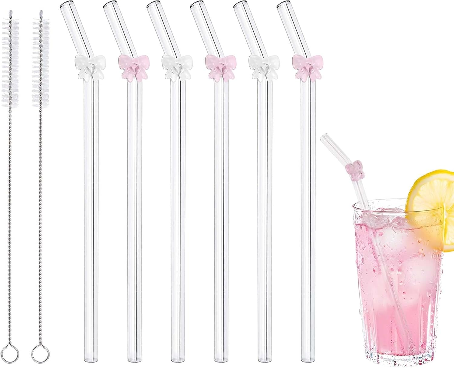 DUMING-IN 6 Pcs Reusable Glass Straws with 2 Cleaning Brushes, Cute Colorful Bow Glass Straws Shatter Resistant, Reusable Straw Dishwasher Safe for Juices, Smoothies, Milkshakes, Teas