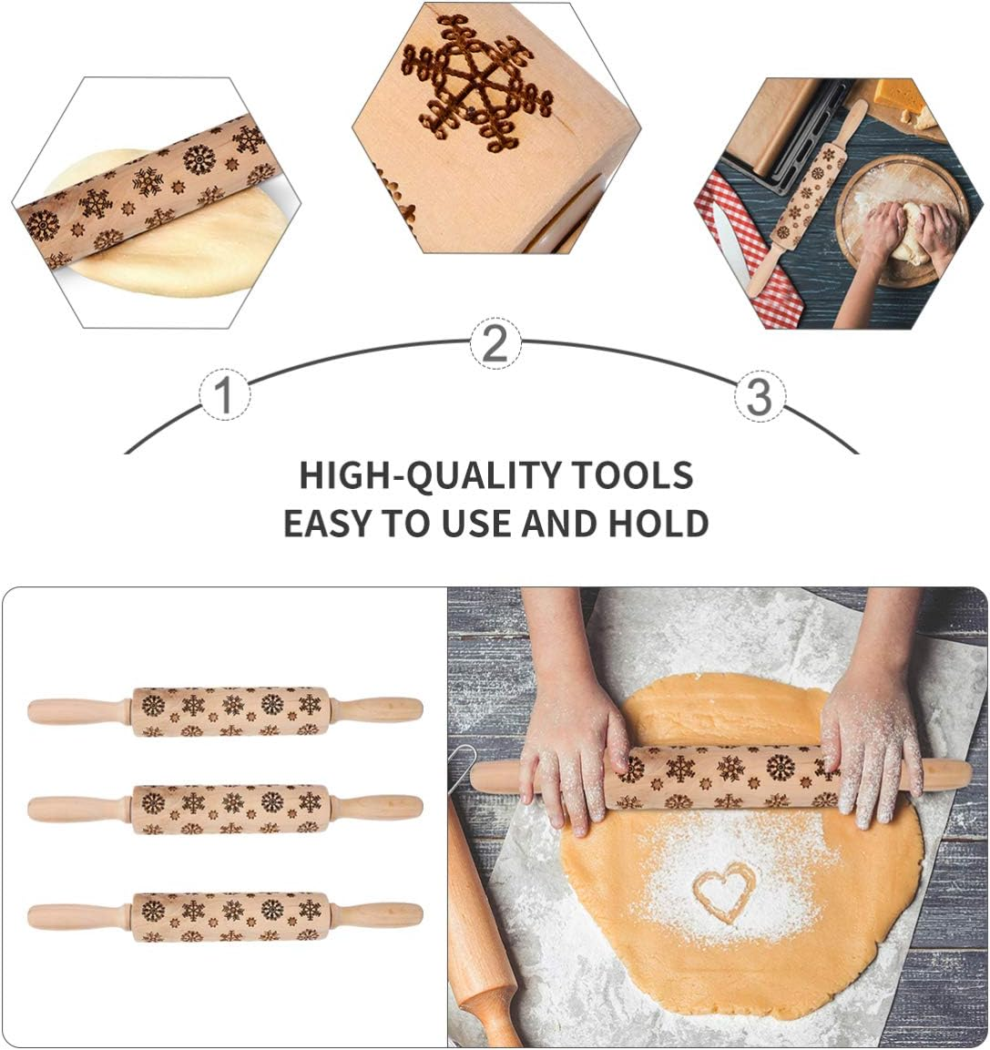 Snowflake Print Rolling Pin Wooden Embossed for Baking Christmas Tree Cookies Scenario image number 4