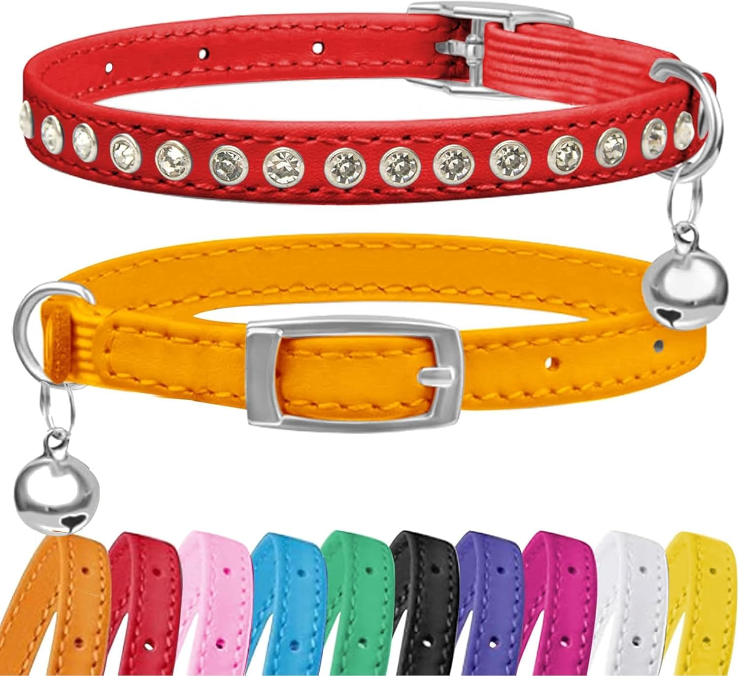 2 Pack Cat Collars with Bells, Rhinestones Leather Cat Collar with Elastic Strap, Kitten Collar, Adjustable Diamond Cat Collar for Girl Boy, 7.5" - 11.5", Black and Green