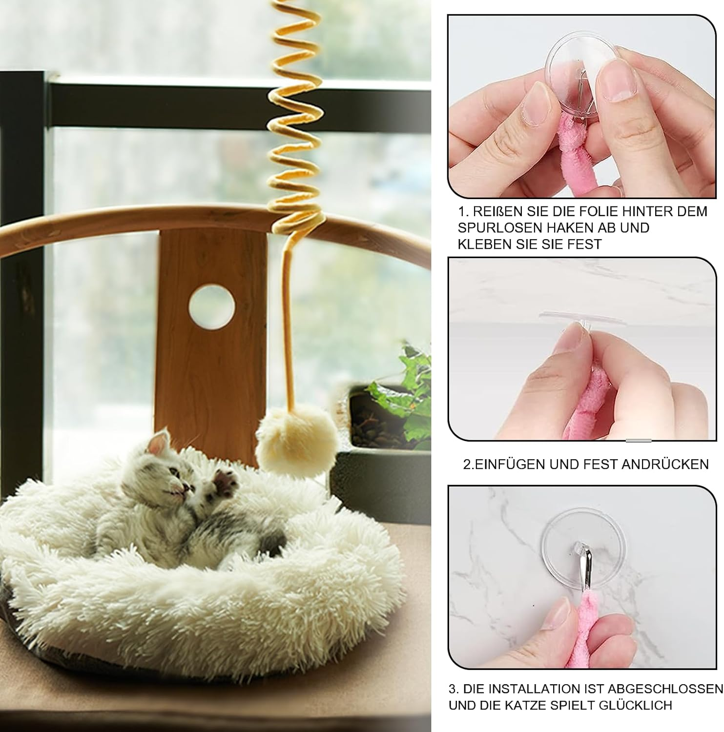 BEE&FLOWER Pack of 3 Cat Spring Toys, Self-Engineering Hanging Stretchy Cat Spring with Bell & Suction Cup, Soft Plush Interactive Cat Toy for Cat Run & Boredom