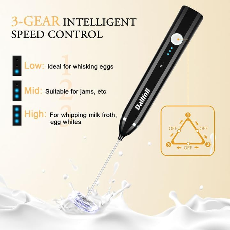 Milk Frother, Dallfoll Handheld Coffee Frother Electric Whisk,3 Gear Adjustable USB Rechargeable Drink Mixer Milk Foamer with 2 Stainless Steel Whisks for Bulletproof Coffee image number 3