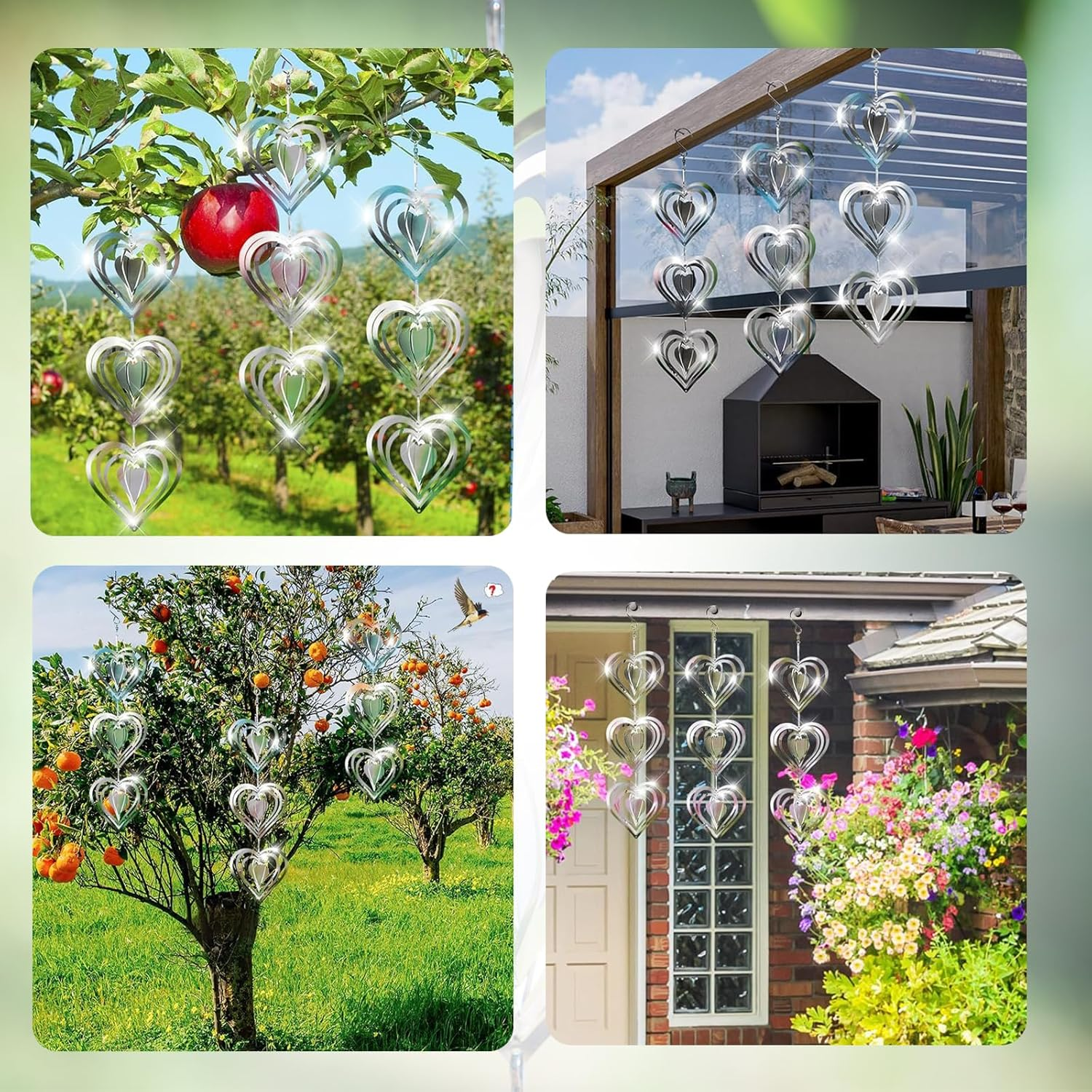 Stainless Steel Wind Spinner,3D Silver Indoor Outdoor Garden Decoration Crafts Ornaments,Metal Wind Chimes for outside Decor,Decorations to Scare Away Yard Birds (3Pcs-Heart) - Fishbone-Wind Spinners image number 6