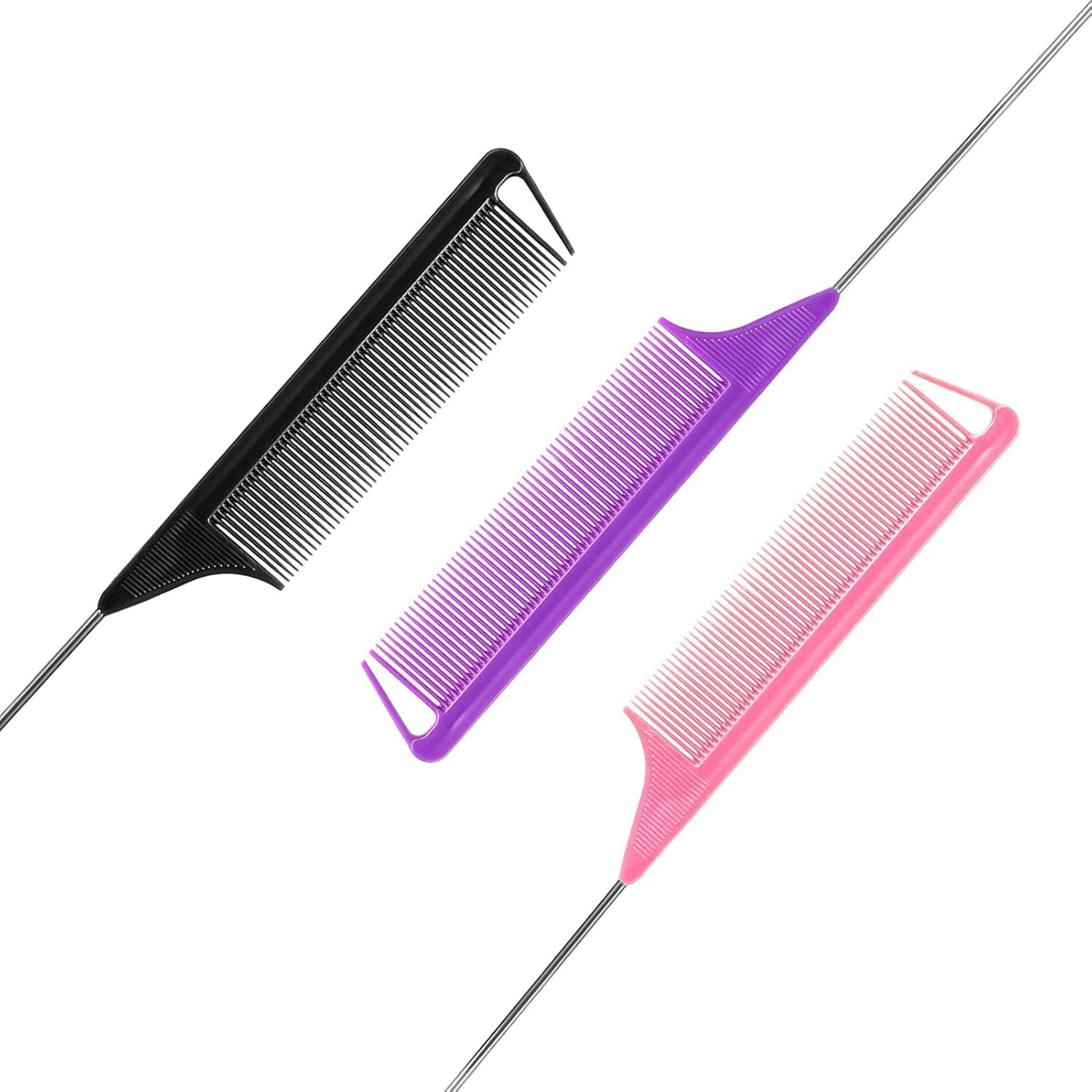 3 Pack Rat Tail Comb, Long Steel Pin Teasing Combs with Stainless Steel Pintail for Salon Hair Stylists, Metal Parting Combs for Women, Purple/Black/Pink image number 1