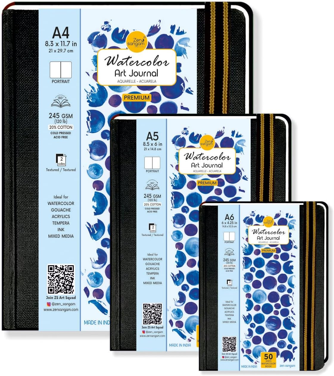 Zen Sangam Portrait A5-8.5" X 6" Watercolor Book, (50 Pages), 20% Cotton 120Lb (245GSM)- Buckram Hardcover - Black Artists Paper Pads,Acid-Free,Cold-Pressed,Drawing Sketchbook Mixed Media - Portrait image number 4