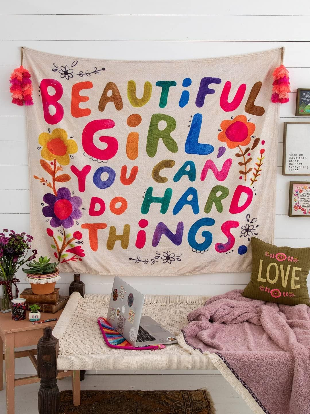 AEARGIV Colorful Beautiful Girl You Can Do Hard Things Flower Tapestry Funny Letter Printed Tapestry Wall Hanging Inspirational Dorm Decor for Living Room Bedroom(47.24 L* 39.37 W, White)