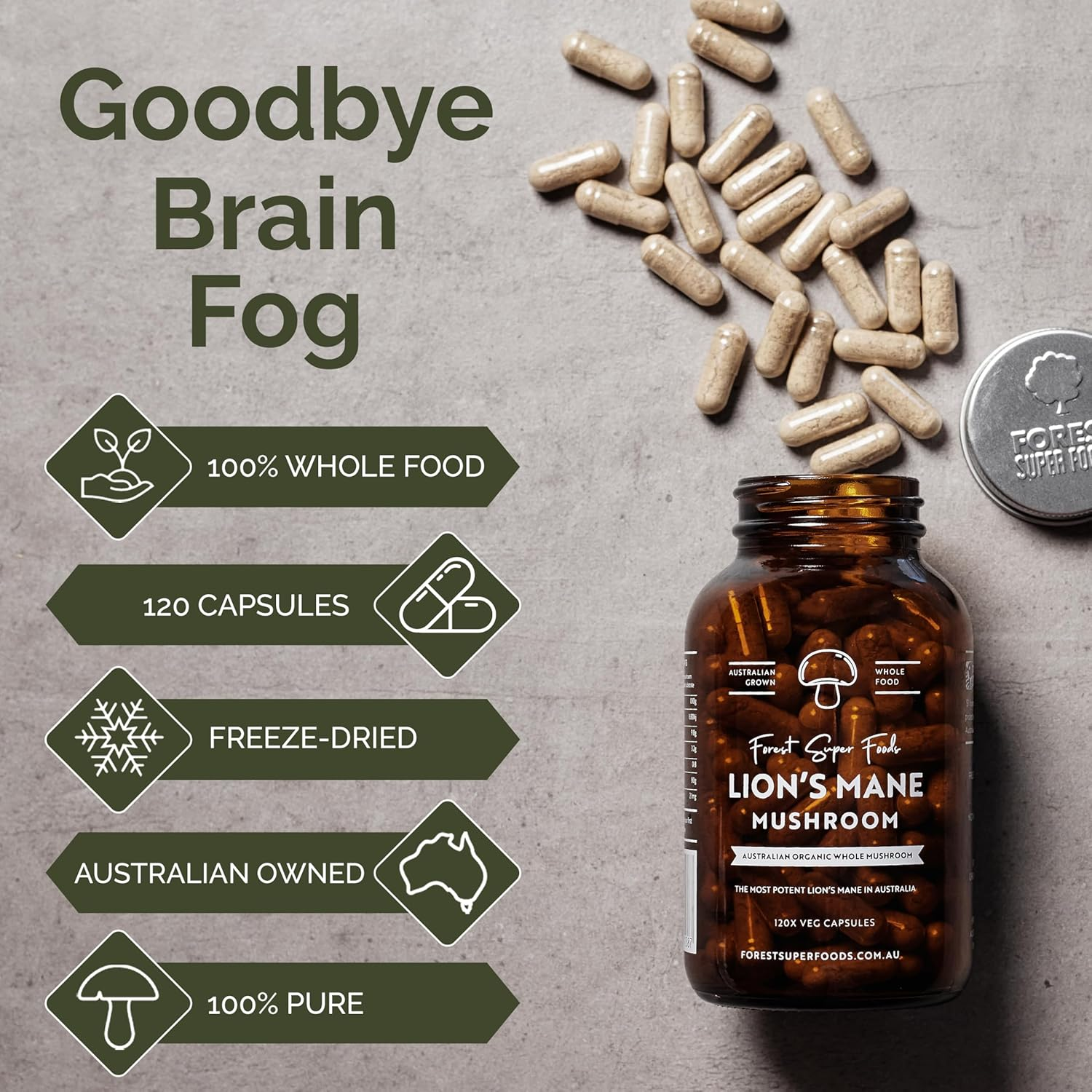 Forest Super Foods Australian Grown Lions Mane Medicinal Mushroom Capsules | Whole Food | Full Spectrum | Freeze Dried | 120X Capsules image number 6