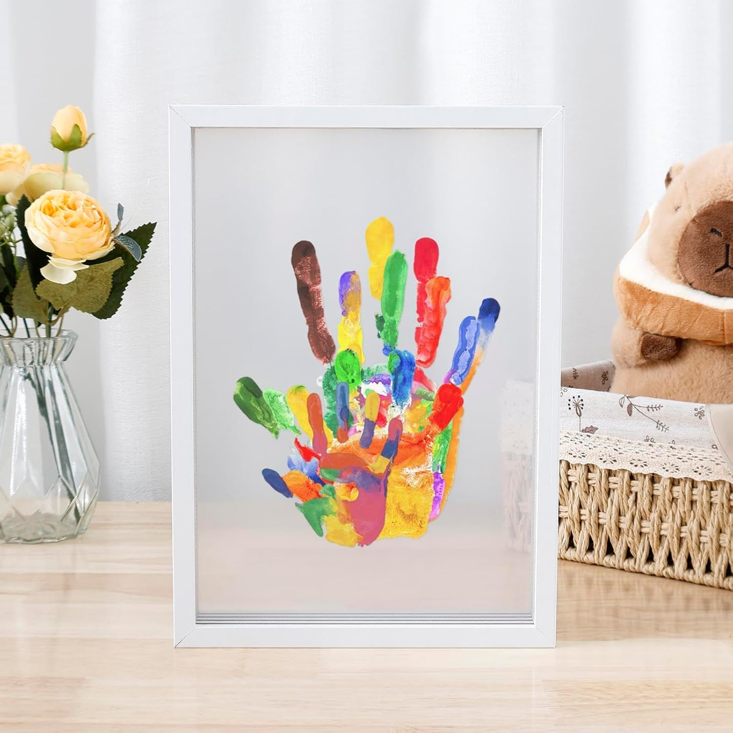 Hand Print Family Kit,Kid Handprint Frame - Wooden Frame Kit Transparent Sheets, Baby-Safe Paint Craft Clear Kit for New Parent, after Birth Home