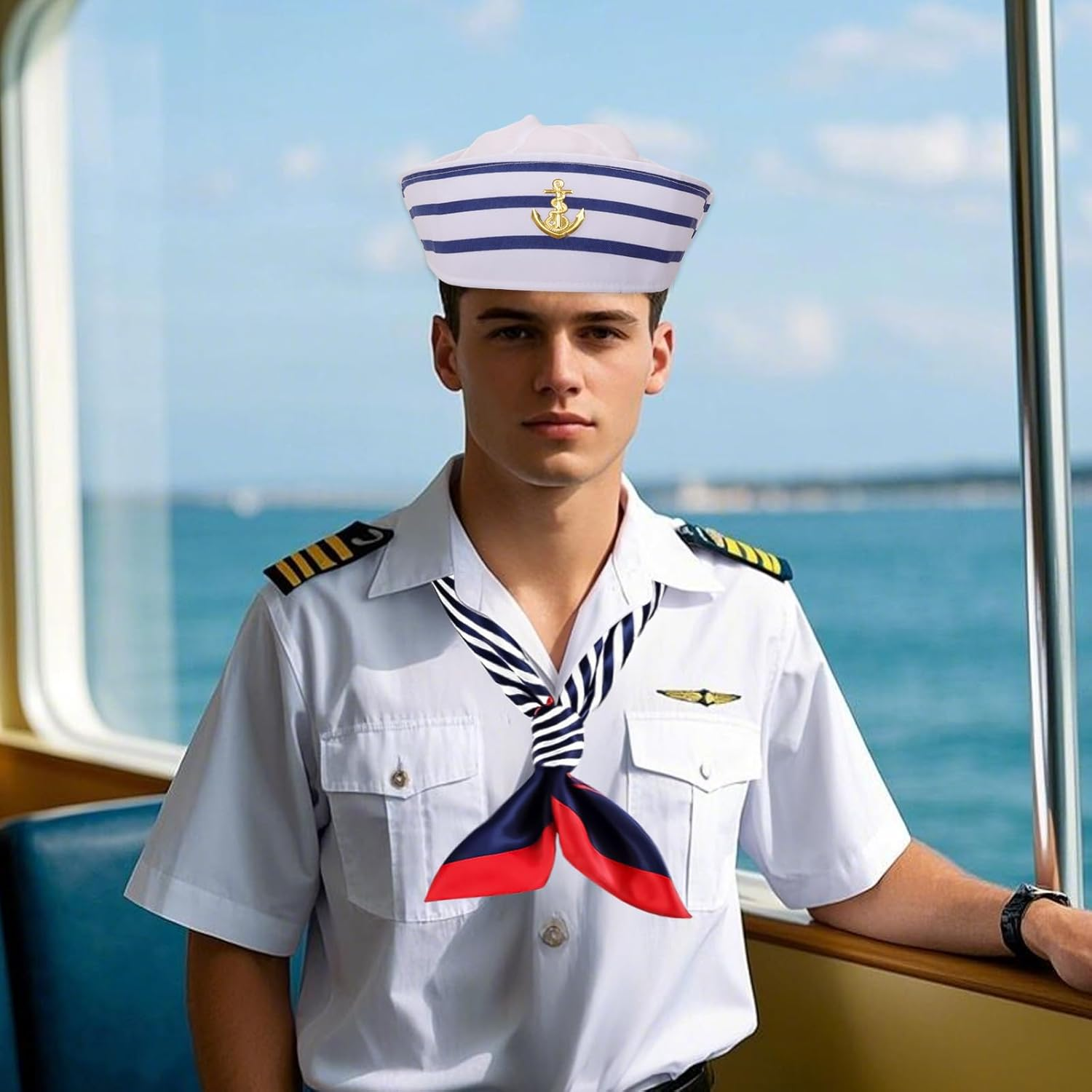 Yacht Captain Hat Sailor Hat and Scarf Set Navy Rock Costume Sailor Hat Boat Cap for Men Captains Women Dressing up Party image number 4