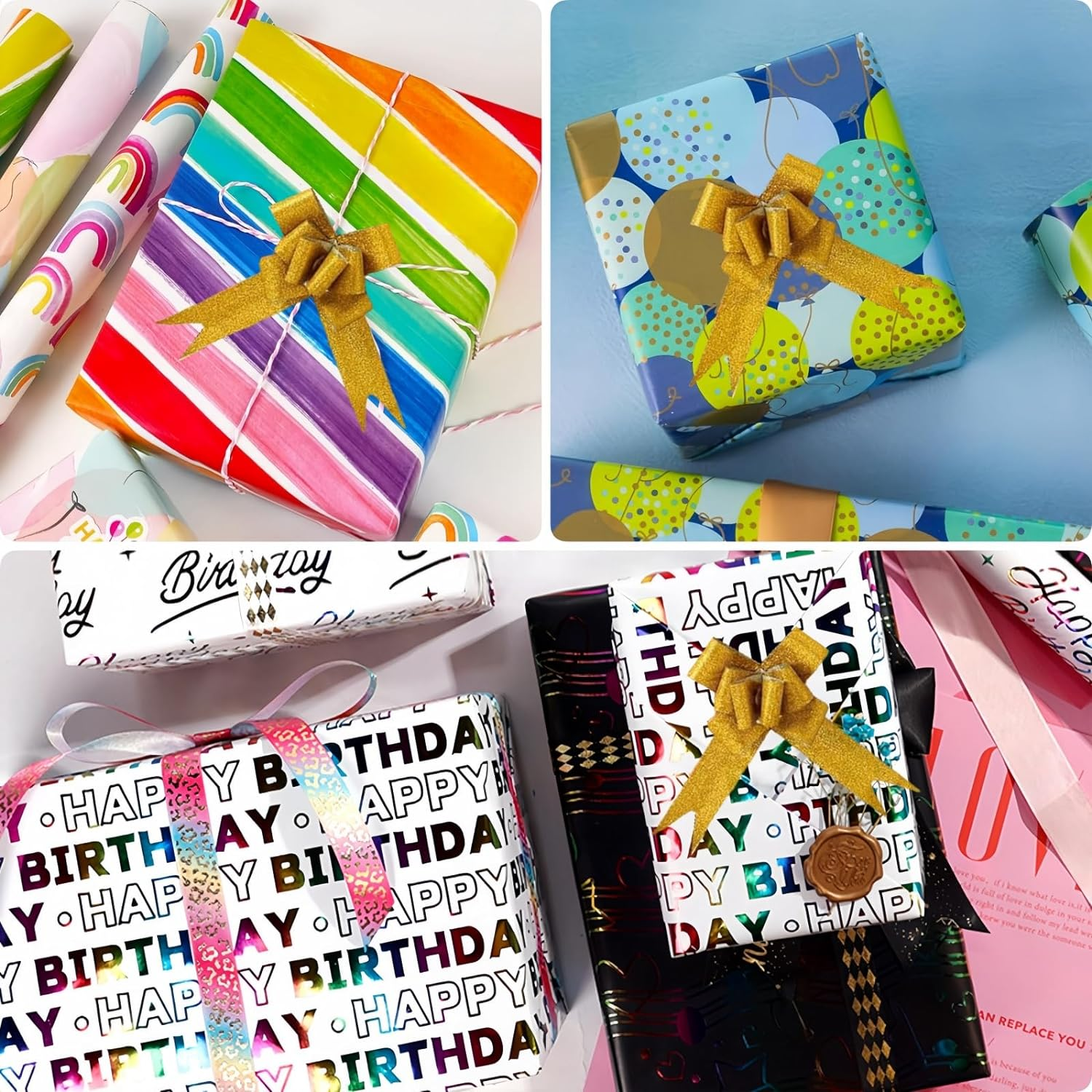 Oundarm 3 Mini Roll 43X300Cm Birthday Gift Wrapping Paper Set, 17" X 10 Ft Wrapping Paper Roll with 10 Pcs Pull Bows ＆ Elastic Rope, Gift DIY Wrapping Paper for Kids Birthday image number 4