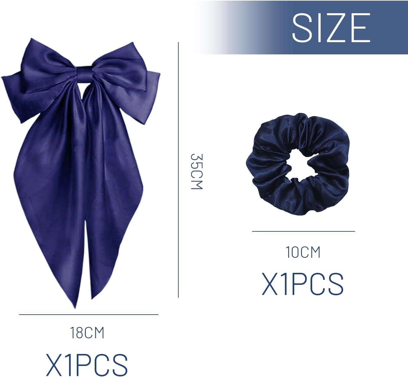 1 Large Hair Pin with Bow and 1 Hair Ring, Long Bow, French Hair Accessories, Silky Satin Hair Pin (Navy Blue) image number 1
