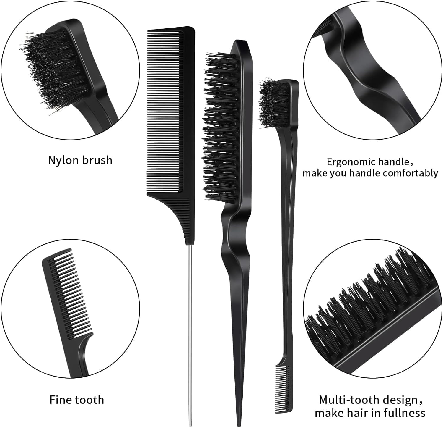Slick Back Hair Brush Edge Brush, 6Pcs Teasing Comb Bristle Brushes, Bristle Hair Brush Edge Control Brush Teasing Comb,Hair Styling Comb Bristle Teasing Brush, Rat Tail Comb Dual Edge Brush,Black image number 3