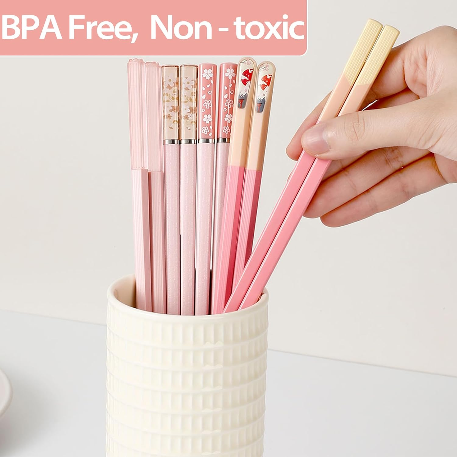 Pink Fiberglass Chopsticks Dishwasher Safe, 9.6In/24.3Cm Non-Slip Reusable Premium Chinese Korean Lightweight Hair Chopsticks, Christmas Chop Stick Gift Set, 5 Pairs image number 3