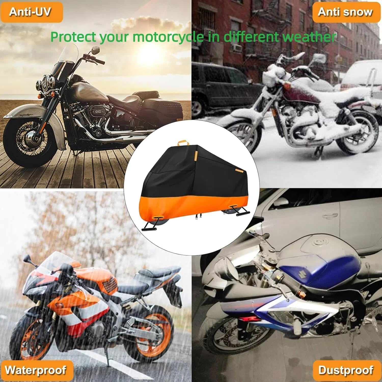 New Motorcycle Cover All Season,Quality Waterproof Sun Outdoor Protection Scooter Shelter Tear Proof Night Reflective & Front and Rear Lock-Holes,Storage Bag Fit up to 105" Motorcycles Yamaha,Honda image number 1