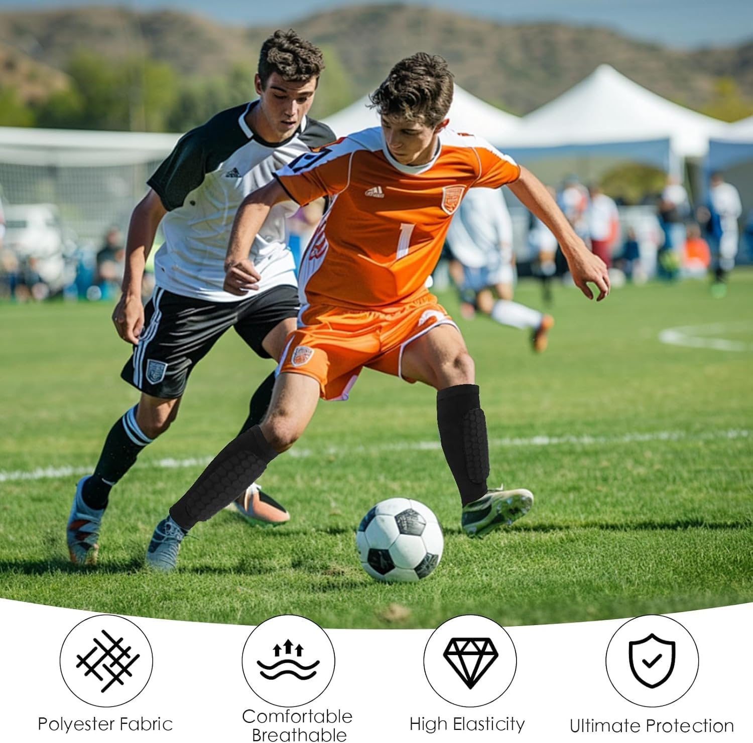 Honeycomb Compression Sleeve Shin Guards, Soccer Football Protective Pads, Calf Support, 1 Pair - Black, M image number 2