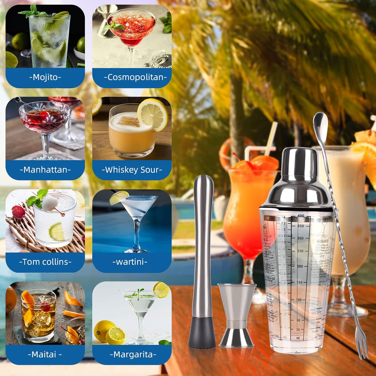 Cocktail Shaker, Mixer, Glass Shaker 14 Oz with Measuring Cup and Mixing Spoon and Stainless Steel Bartender Set