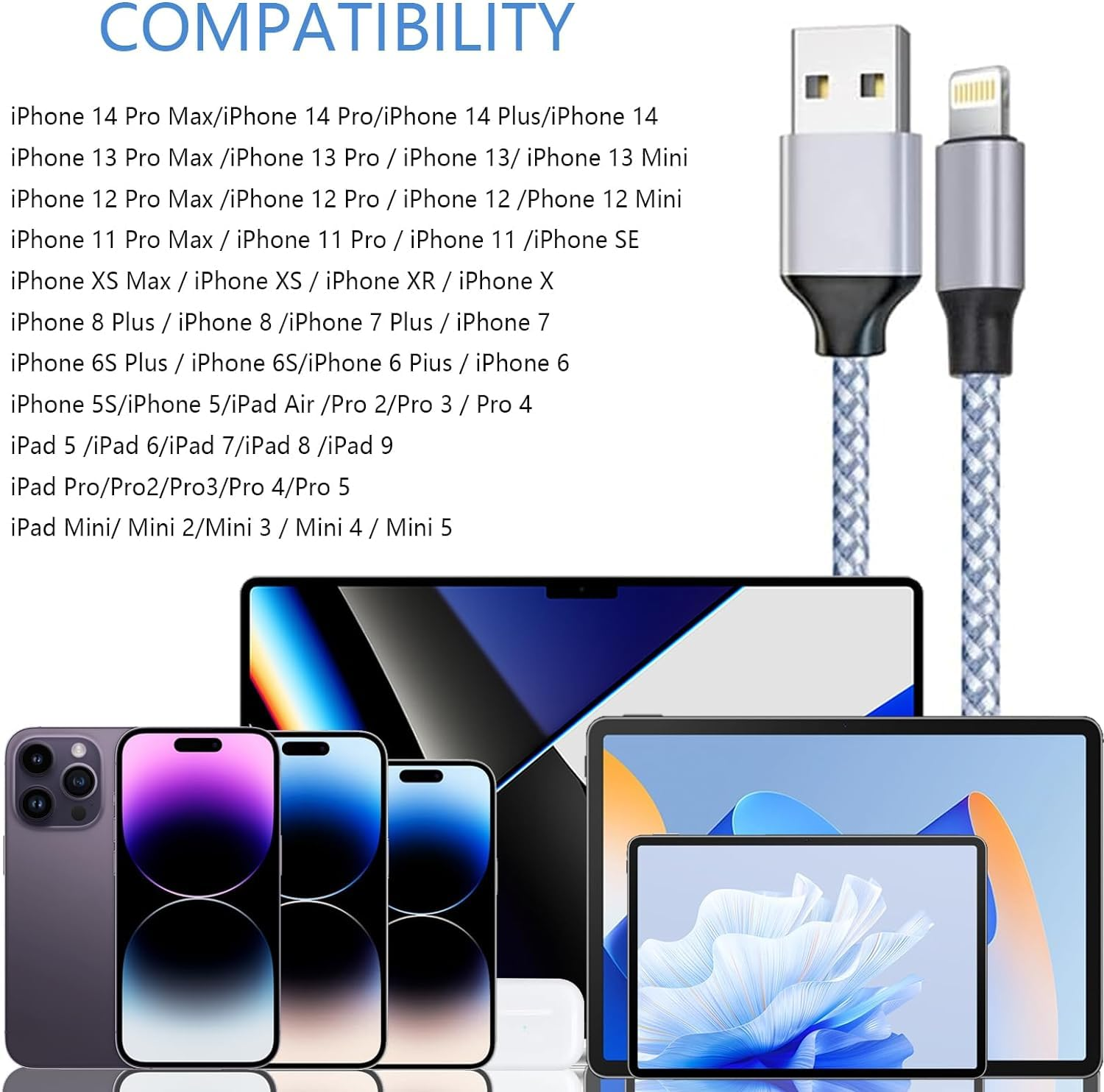 FIME. Iphone Charger Cable 2M 3Pack, [Apple Mfi Certified] USB a to Iphone Cable Nylon Braided Iphone Cable Fast Charging Cord for Iphone 14 13 12 11 Pro Max XR XS Max X 10 8 7 6 SE, Ipad (Blue) image number 1