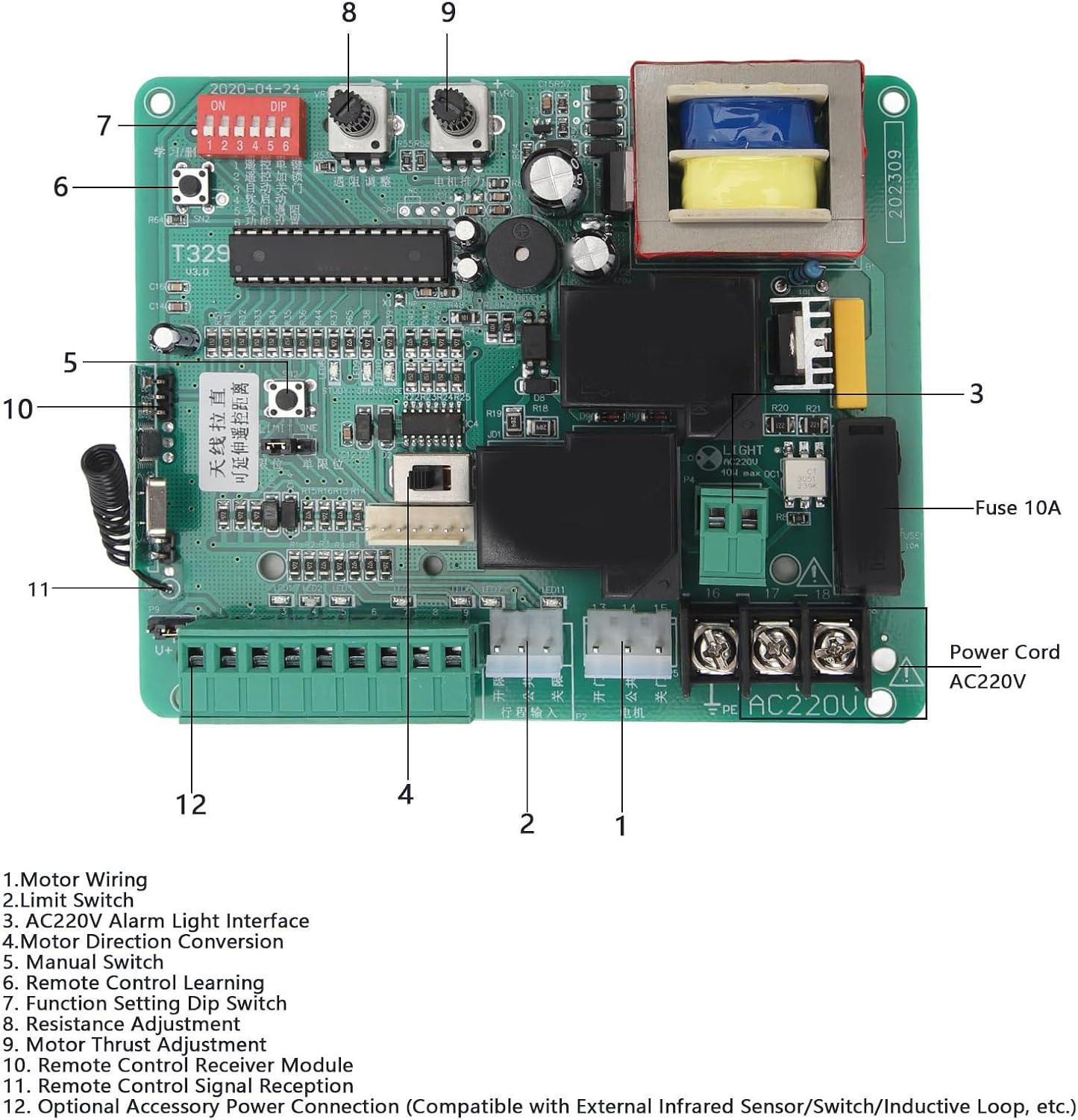 Control Board for AC Sliding Gate Opener, Universal Main Electronic Control Board with LED Indicator, Sliding Gate Motor Replacement Accessories image number 3