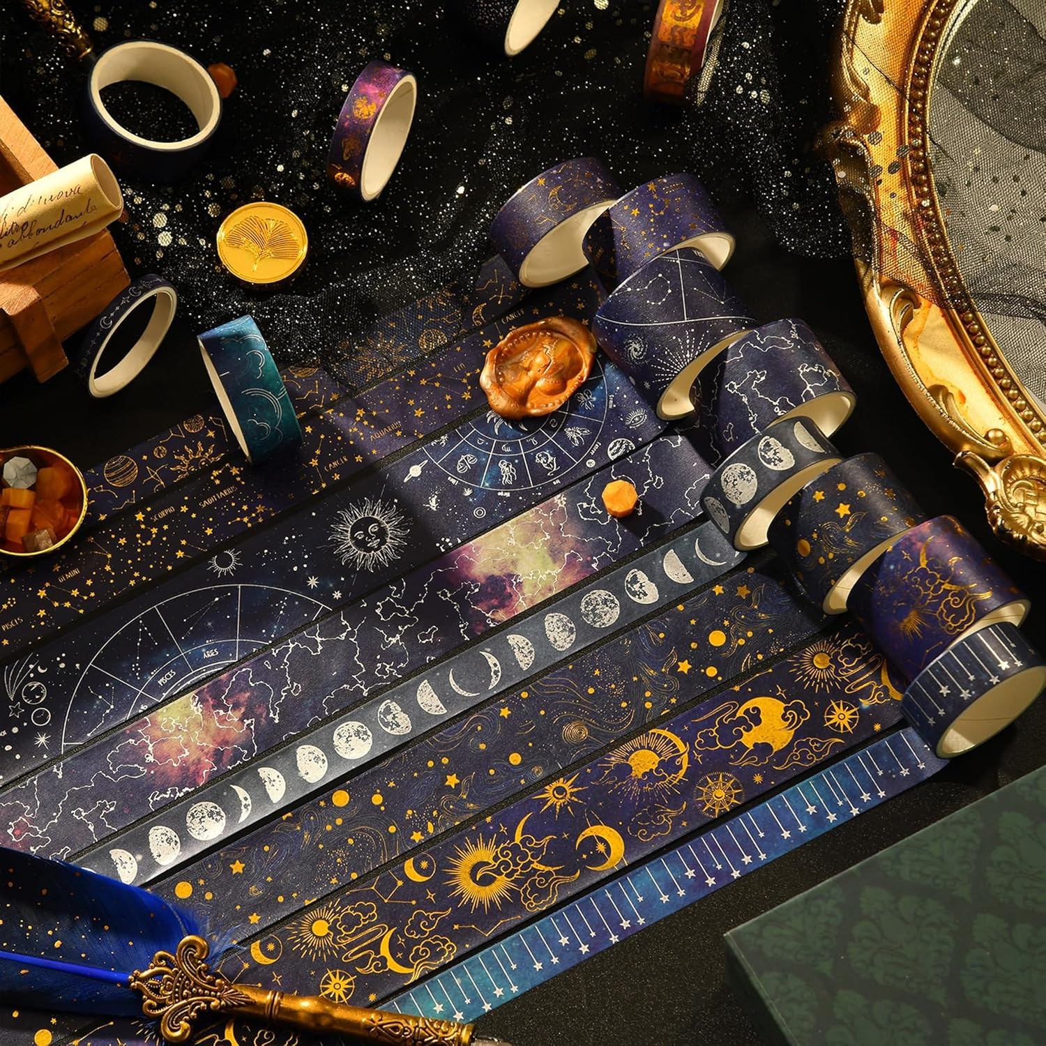 KAVI' S 20 Rolls Galaxy Washi Tape Set Stars Arts Adhesive Tapes Gold Silver Foil Decorative Masking Tape Sets for Craft, Kids, Scrapbook, DIY, Gift Wrapping image number 3