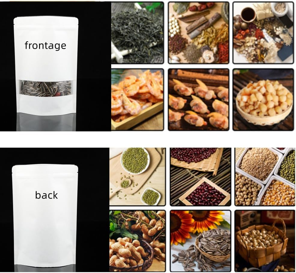 Naisfei 5.5 * 7.8In White Paper Bags,50 Pcs with Transparent Window, Kraft Paper Bags, Zipper Pouches, Reusable Stand-Up Bags, for Candy Coffee Beans Storage Tea image number 2