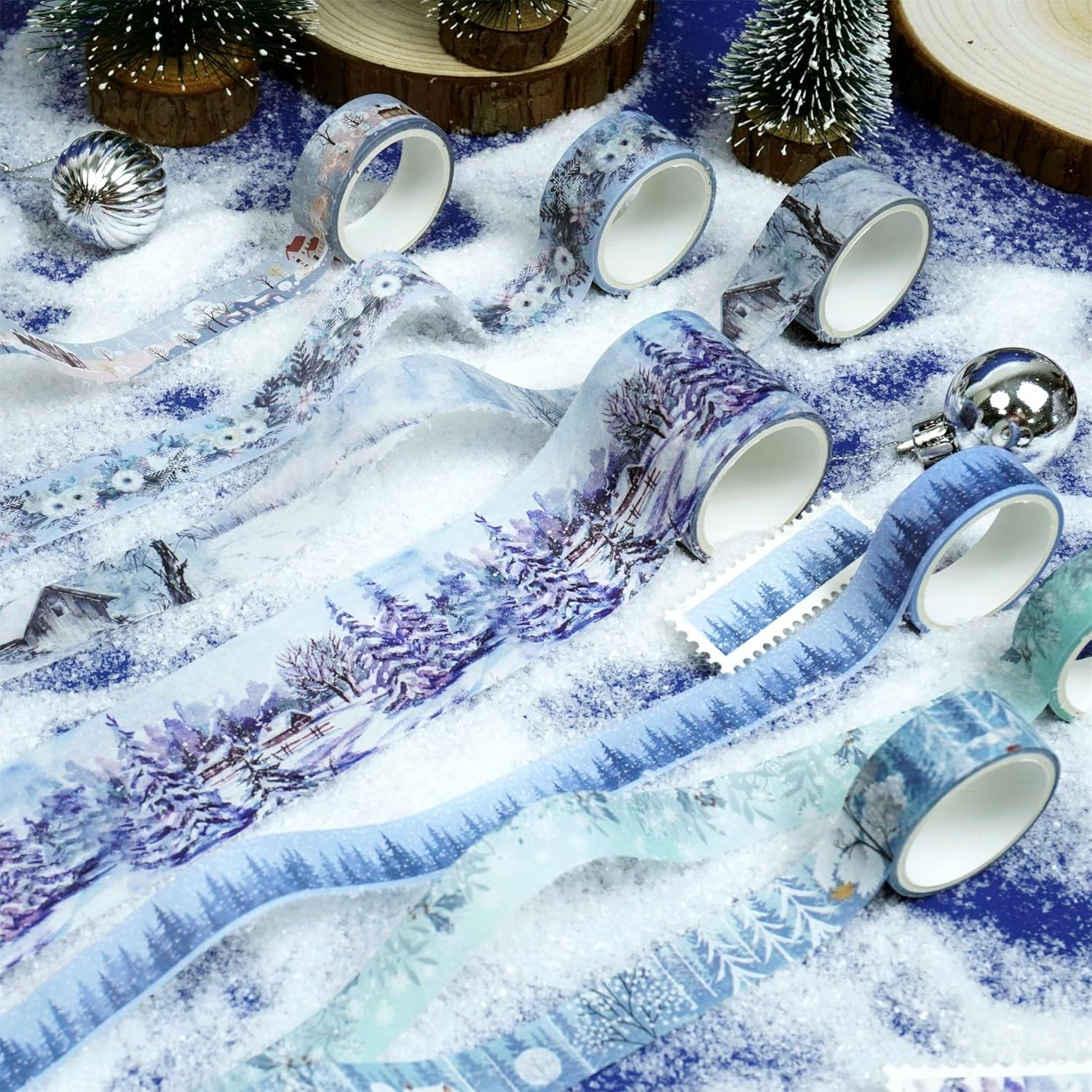 YUBX Winter Washi Tape Set 18 Rolls Landscaping Snow Embellishment Blue White Decorative Masking Tapes for Arts, DIY Crafts, Journals, Planners, Scrapbook, Wrapping image number 1