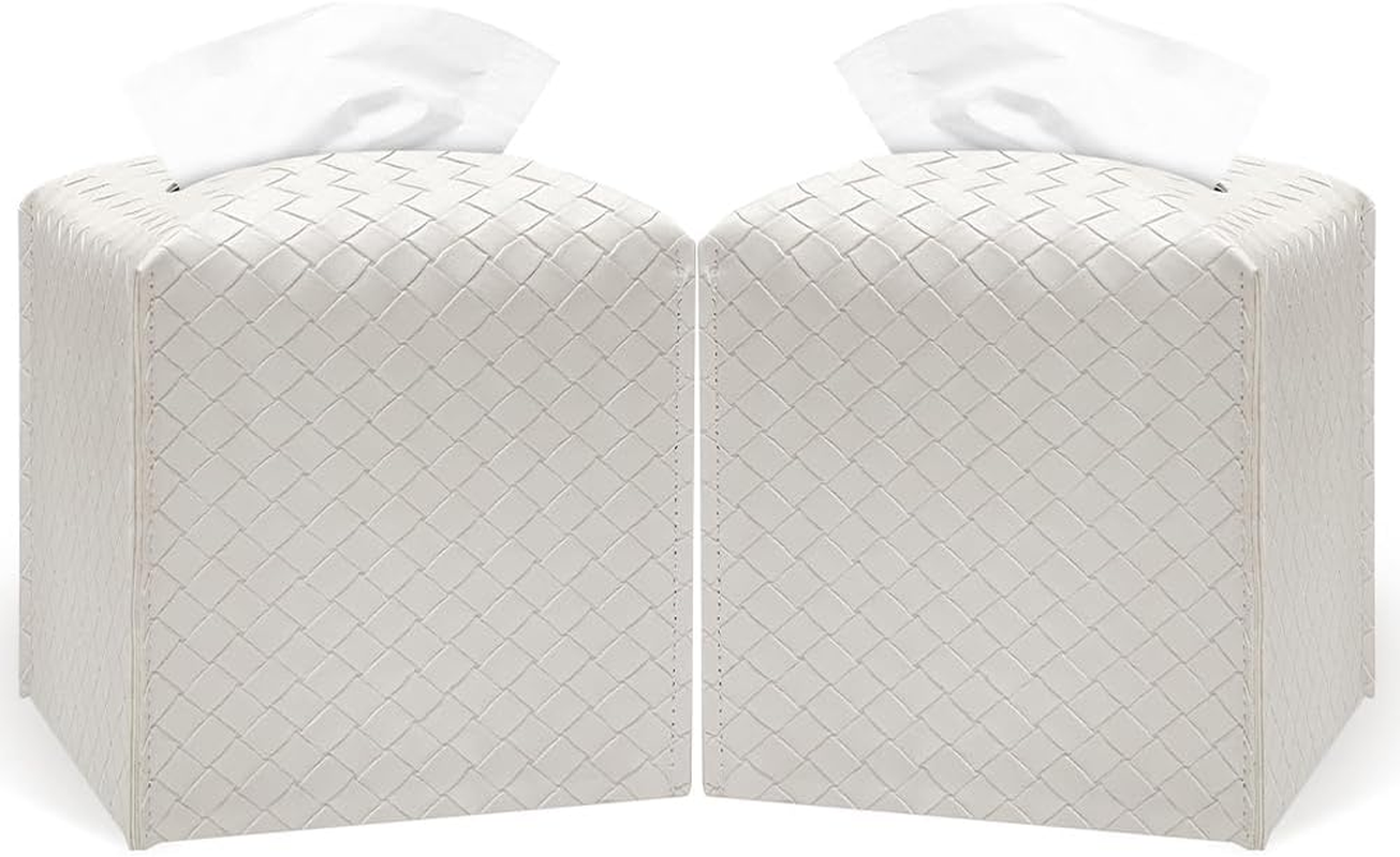 HYAVIA 2PCS PU Leather Tissue Box Cover &ndash; Square Tissue Holder with Braided Pattern and Bottom Strap, Modern Facial Tissue Organizer for Bathroom, Car, Office, Tabletop, Pearl White image number 5