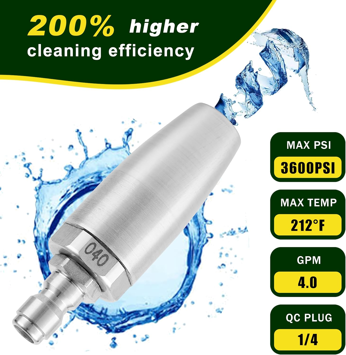 Turbo Nozzle Pressure Washer Tips, Rotating Nozzle with 5 Power Washer Nozzle Tips, 1/4 Inch Quick Connect, Orifice 4.0, Stainless Steel image number 2