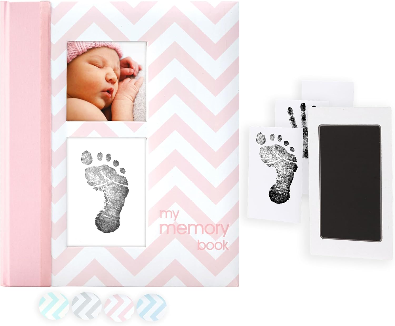 Pearhead Baby Memory Book with Ink Pad, Chevron Grey