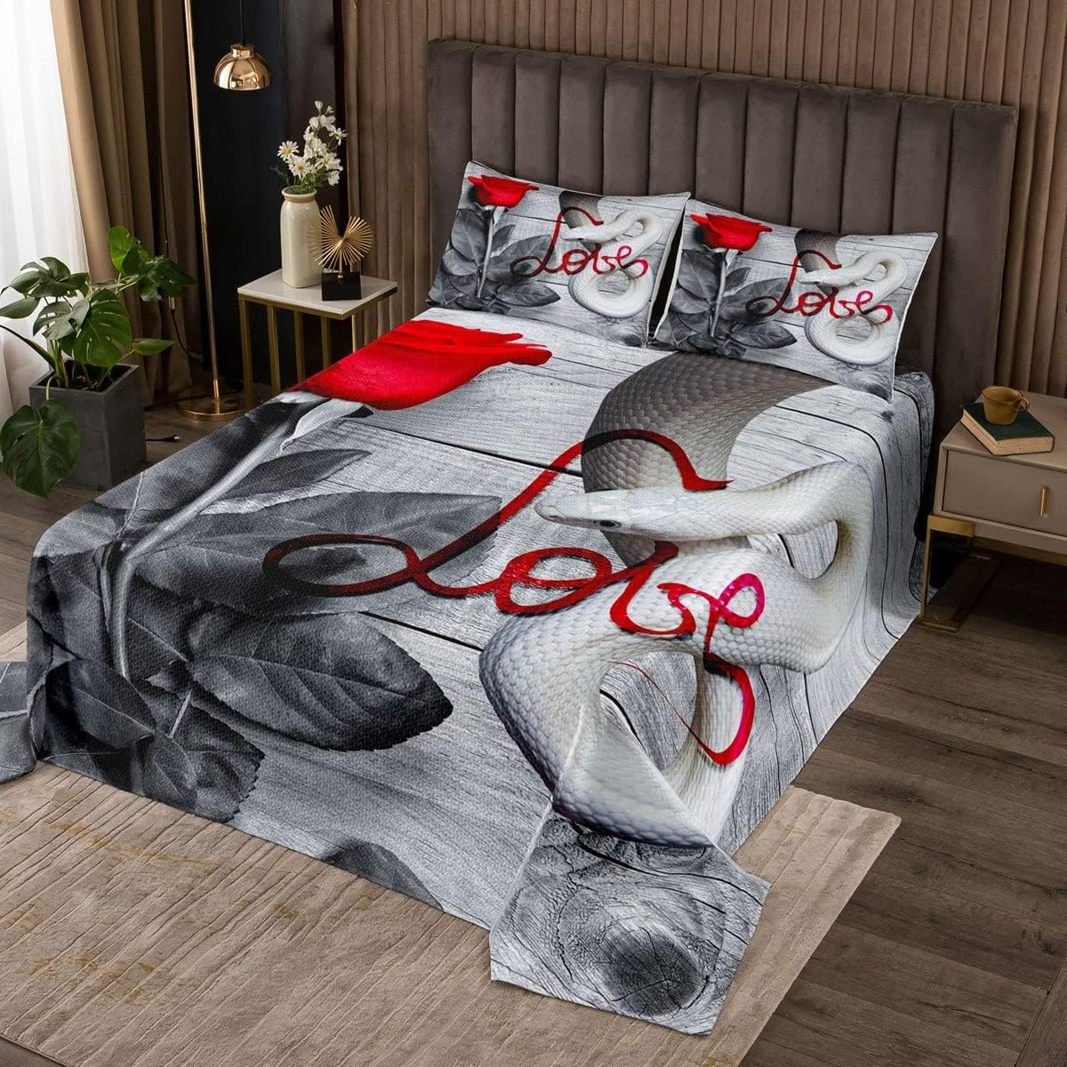 Red Grey Black Plaid Bedspread Quilt, 3D Abstract Geometric Bed Linen for All Season Bedroom, Black Stripes Lines 240 X 220 Cm Duvet Set with 2 Pillowcases for Boys Girls image number 4