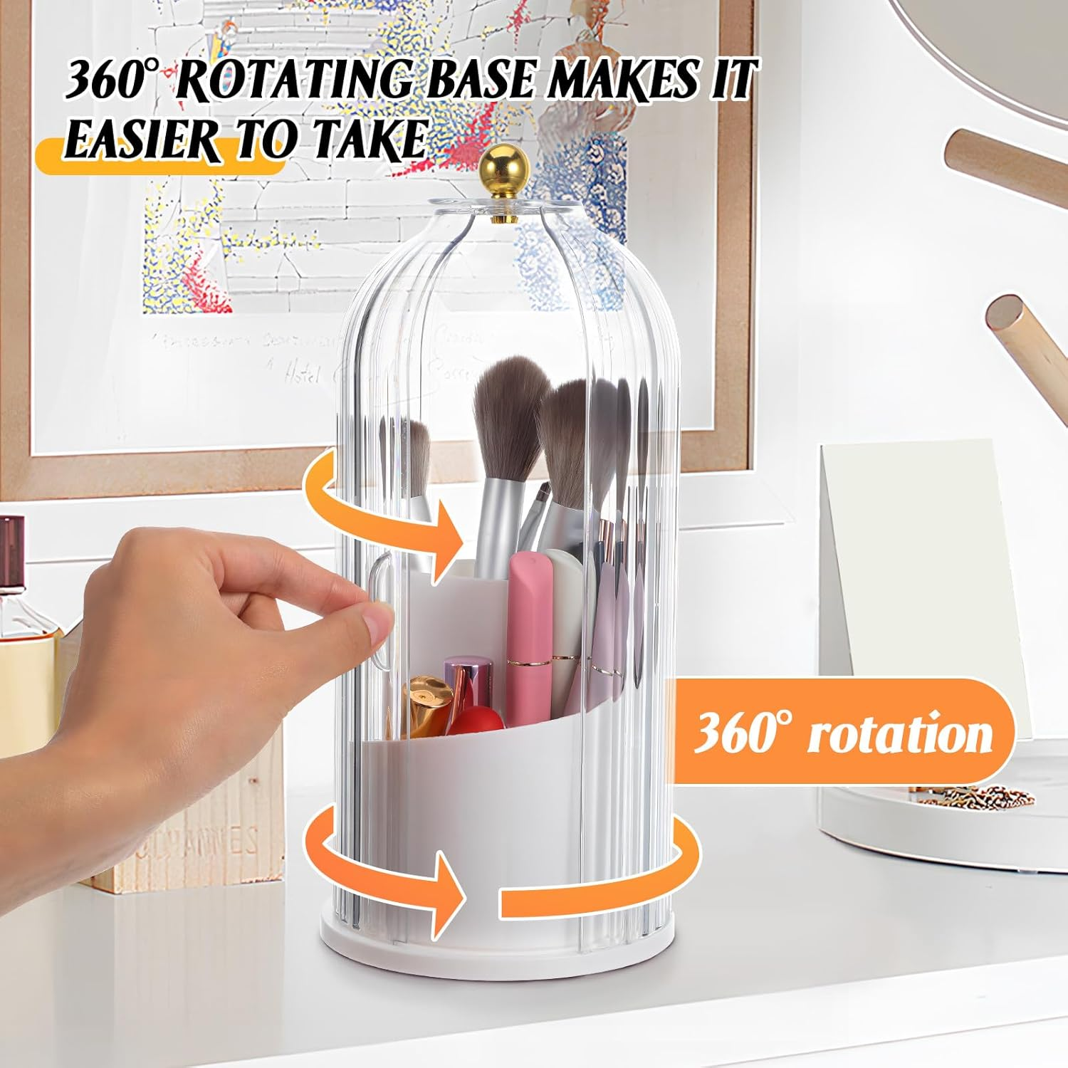UKCOCO Rotating Makeup Brush Holder with Lid : Makeup Organizer for Vanity Dustproof Cosmetic Brush Organizer for Home Use, White, 9. 84 X 4. 92 X 4. 92 Inches image number 3