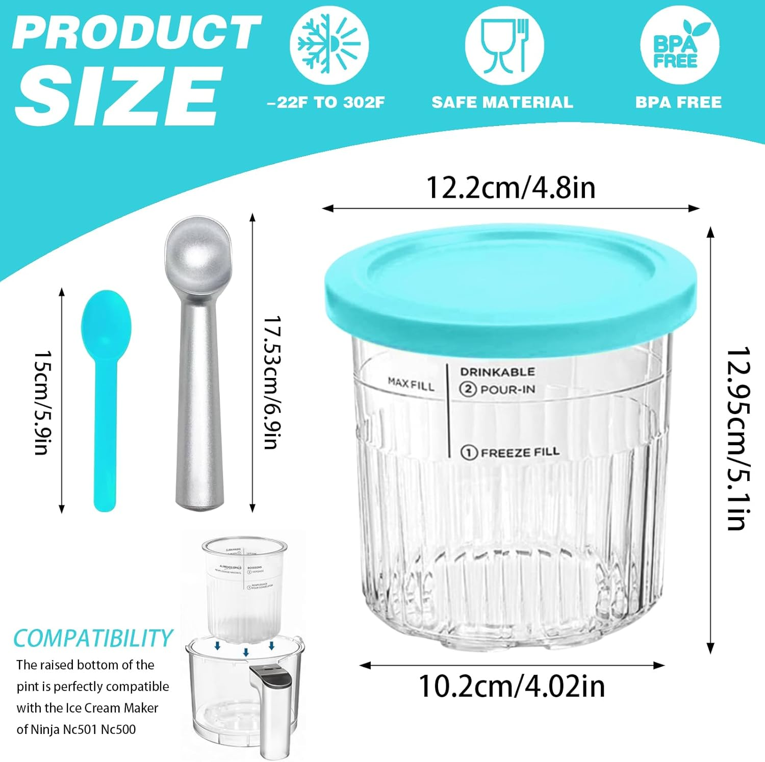 Creami Pints for Ninja Creami Deluxe Tubs, Containers Replacement for Ninja Creami Deluxe NC500 NC501 Series Ice Cream Makers, 24Oz Pints with Lids,Bpa-Free(4 Pack) image number 4