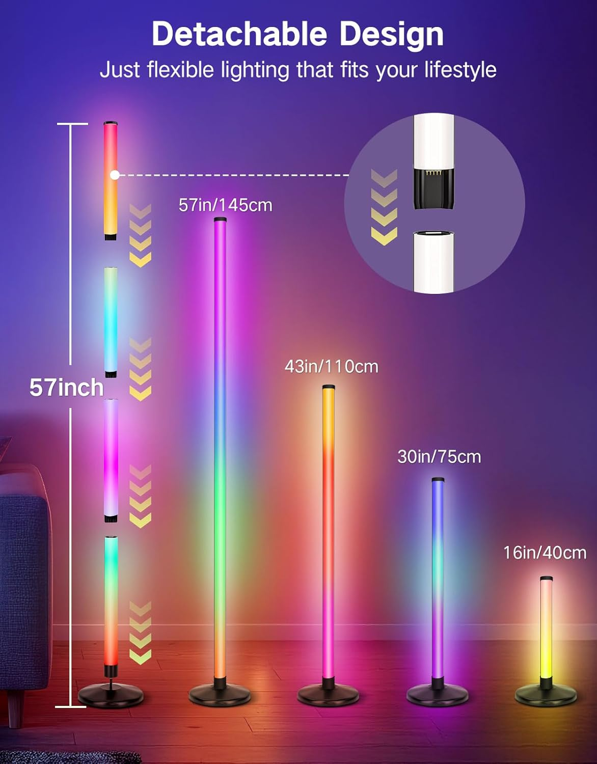 OUTON LED Smart RGBCW Corner Floor Lamp with APP and Remote Control, Dimmable Floor Lamps with 16 Million Colours, Music-Sync, Timer, Height Adjustable for Living Room Bedroom Gaming Room, 1Pack image number 2