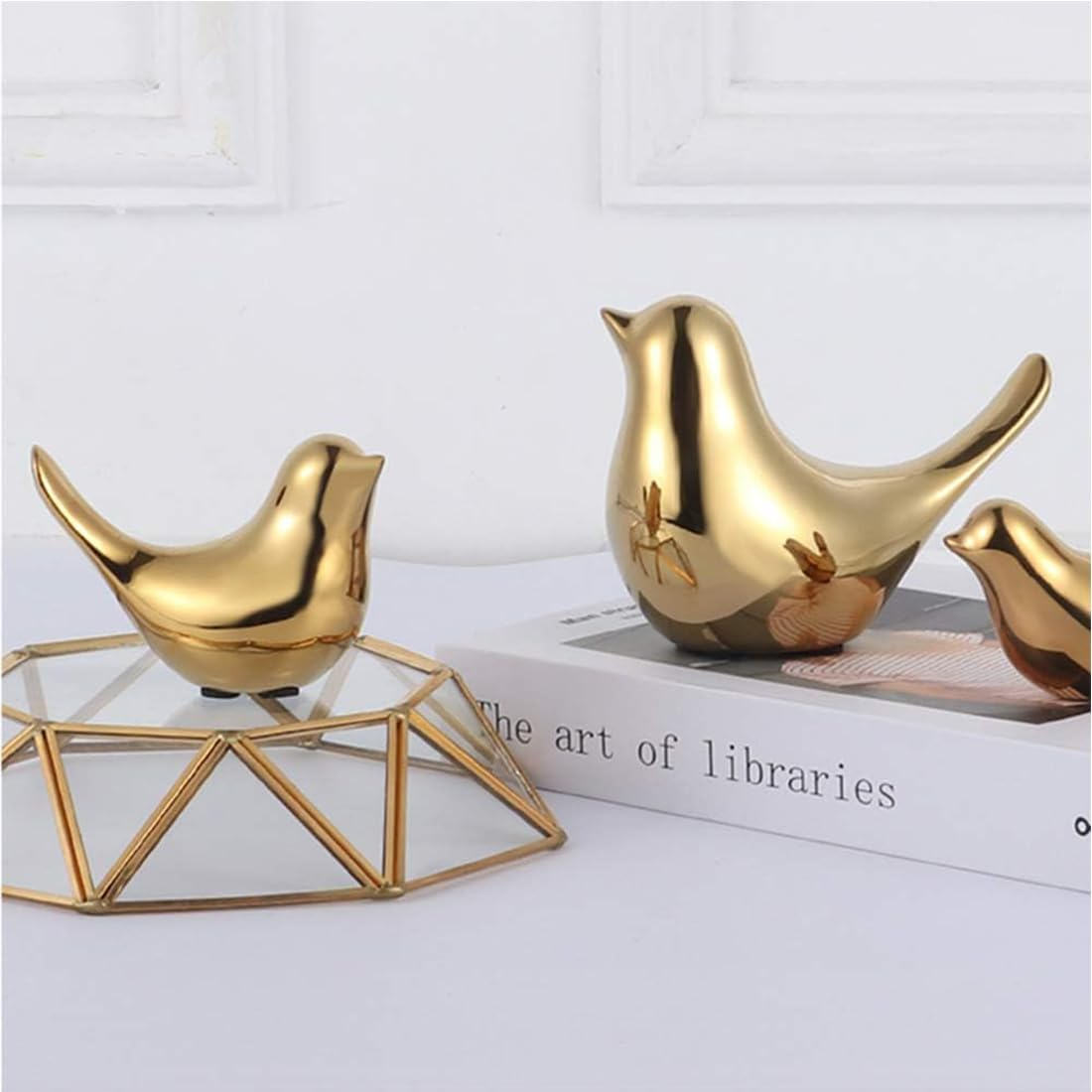 Small Gold Birds Ceramic Statues, Decorative Animal Sculpture, Gold Bird Figurines Ornaments, Modern Art Style Home Decor Craft for Shelves Bedroom Office Desktop Cabinets (2 Pack) image number 1