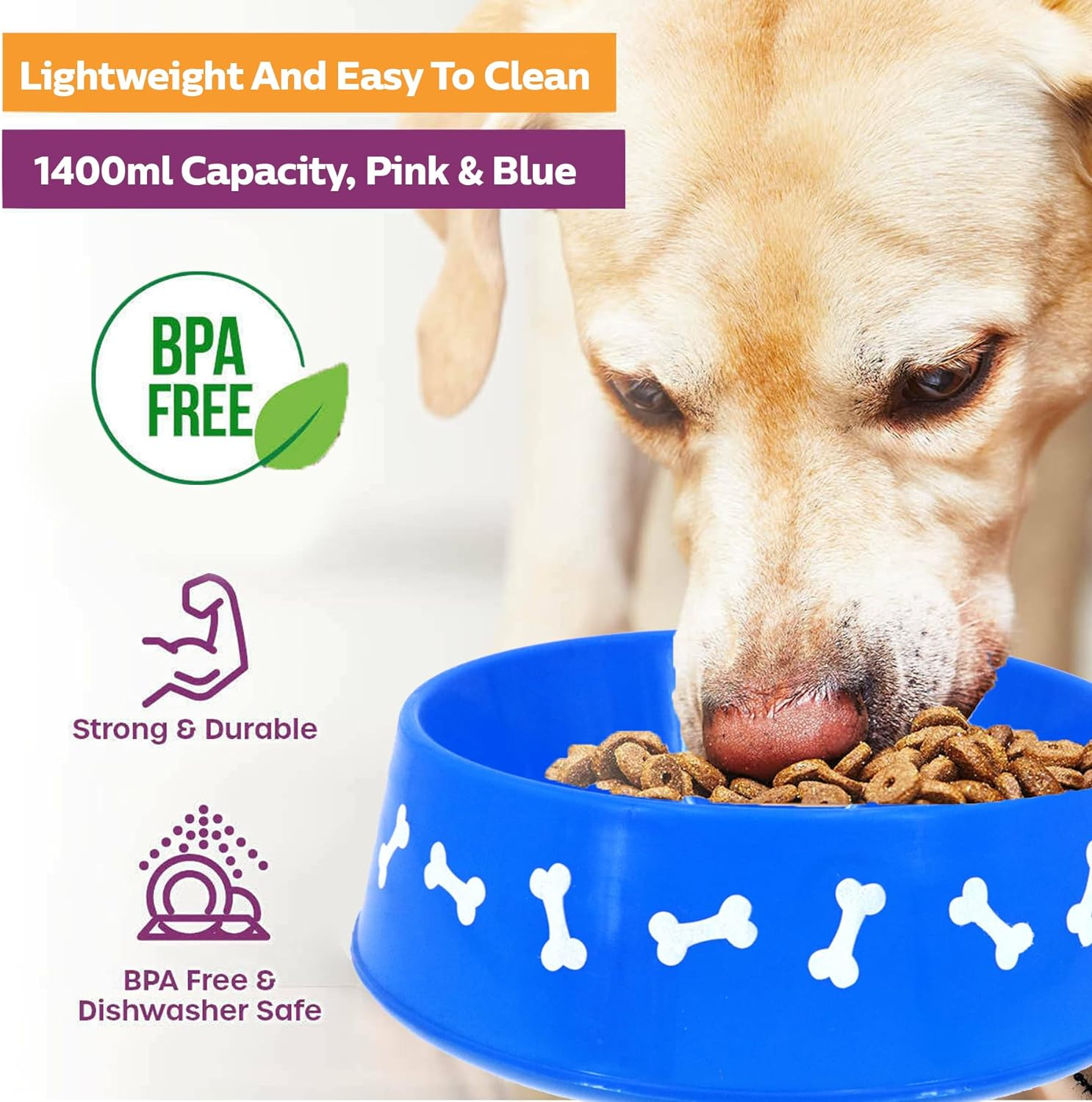 [2PCE] Pet Basic Original Classic Pet Bowl, Pink & Blue, 1400Ml Capacity, BPA Free, Lightweight and Easy to Clean, Dishwasher Safe, Ideal for Water and Food, Dog Bone Design image number 4