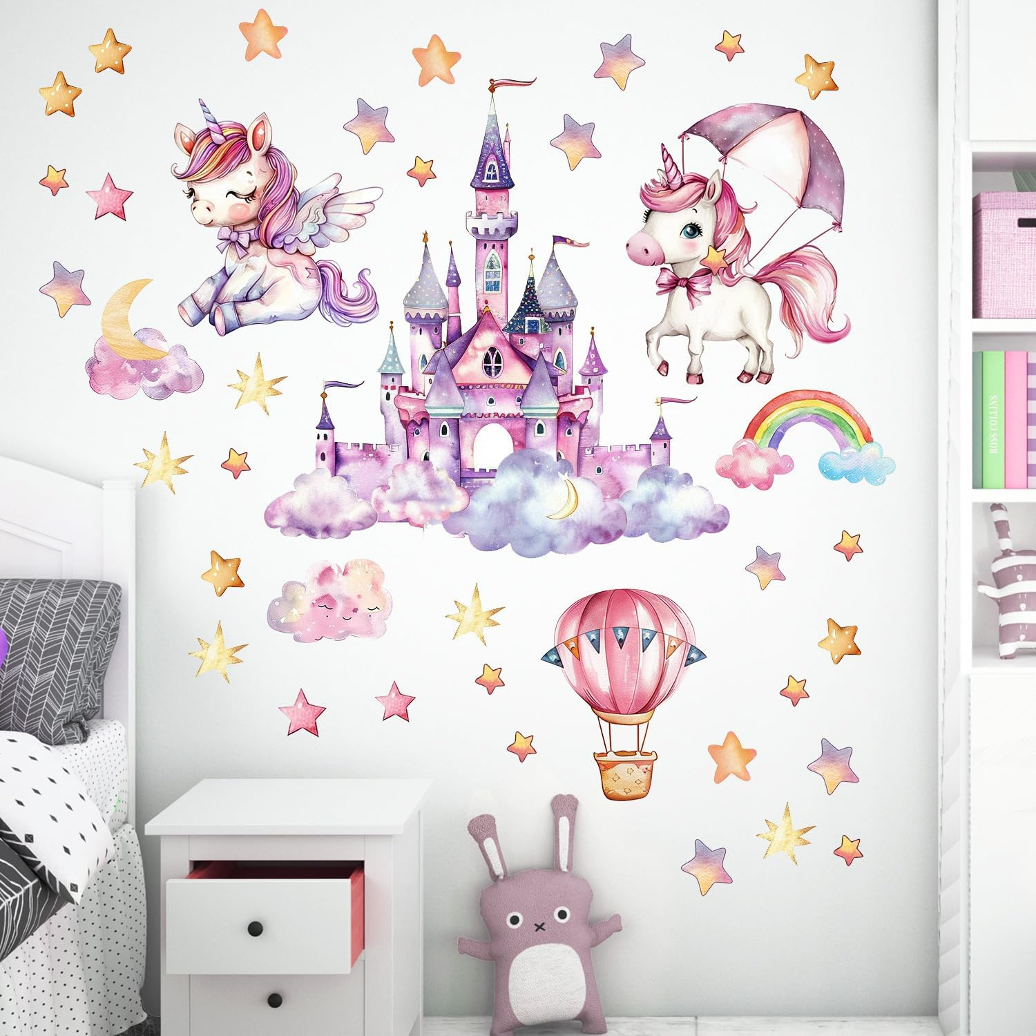 Glow in the Dark Unicorn Wall Decals, Glowing Castle Moon Star and Rainbow Stickers, Luminous Ceiling Decor for Kids Bedroom, Girls Gift (Unicorn Wall Decal) image number 2