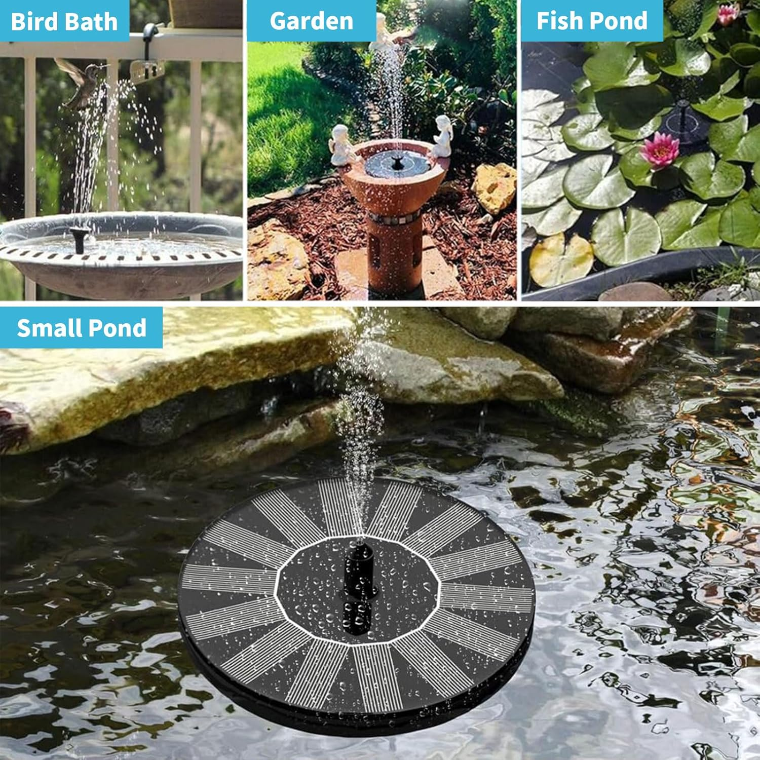 Solar Fountain for Bird Bath, 16CM Floating Solar Powered Water Fountain with 6 Nozzles &ndash; No Electric Needed, Beautify Garden, Attract Birds &ndash; Ideal for Birdbath, Pond, Pool, Patio image number 5