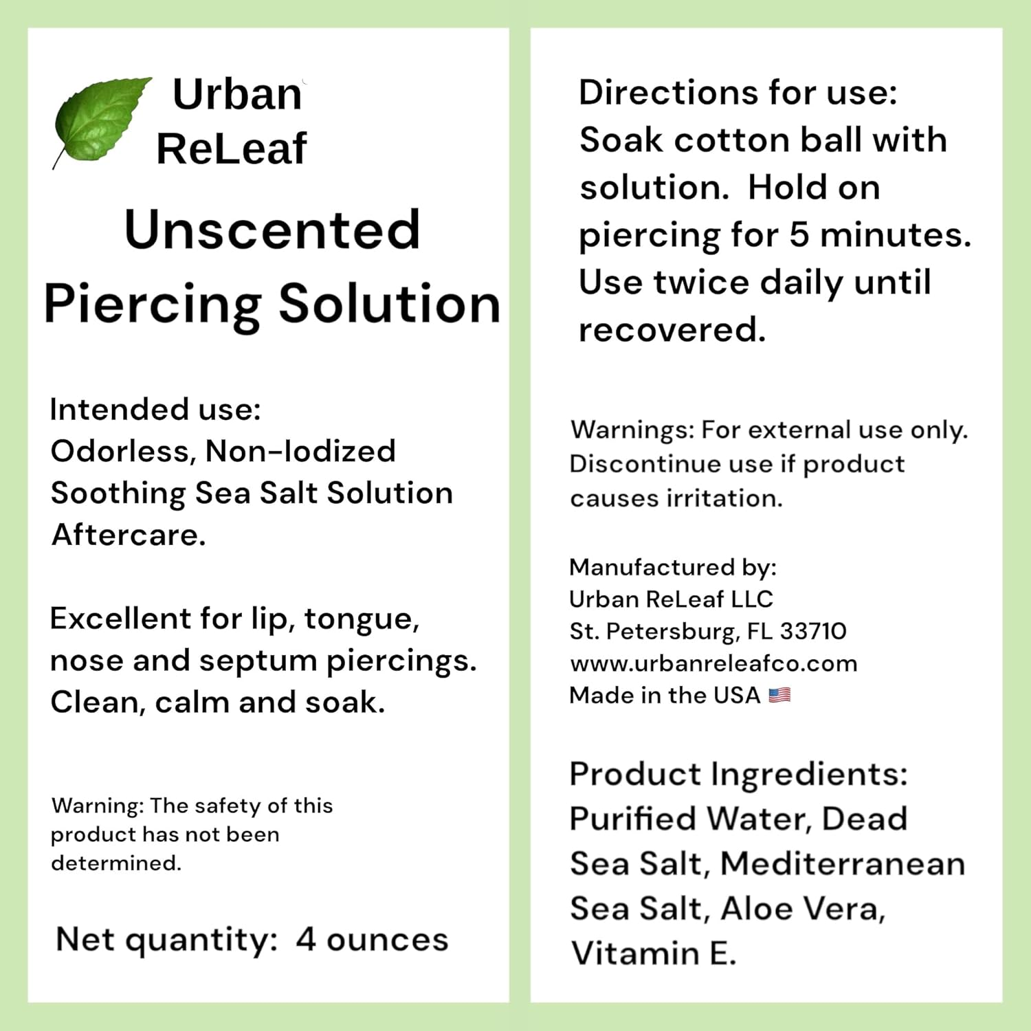 Urban Releaf Unscented Piercing Solution ! Non-Iodized Sea Salt Healing Soak. Lip, Tongue, Septum, Dimple, Mouth. NO Scent. Ready to Use. Made Fresh in USA. image number 3