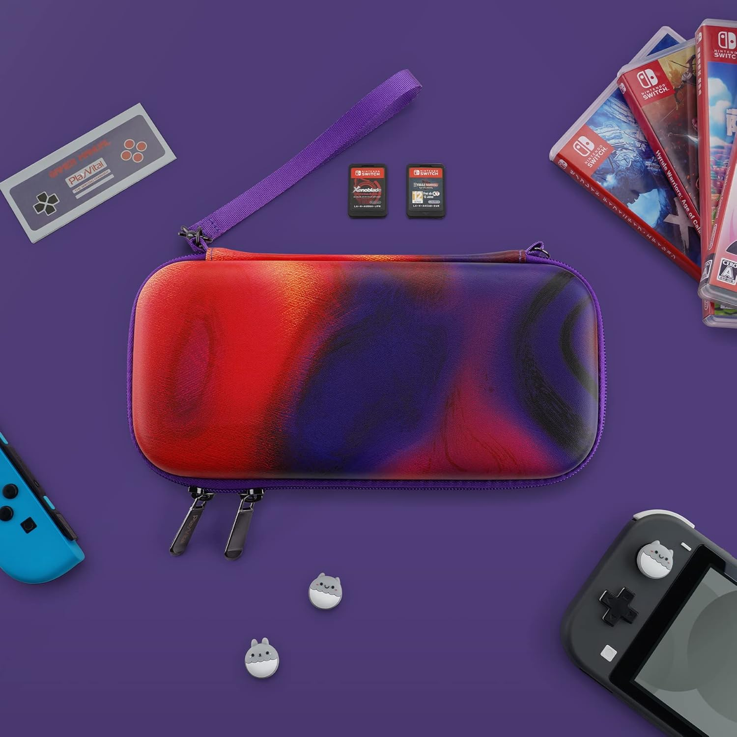 Playvital Carrying Case for Nintendo Switch Lite, Portable Pouch Storage Handbag Travel Bag Protective Hard Case for Switch Console W/Thumb Grip Caps & 10 Game Card Slots - Purple Red Swirl image number 3