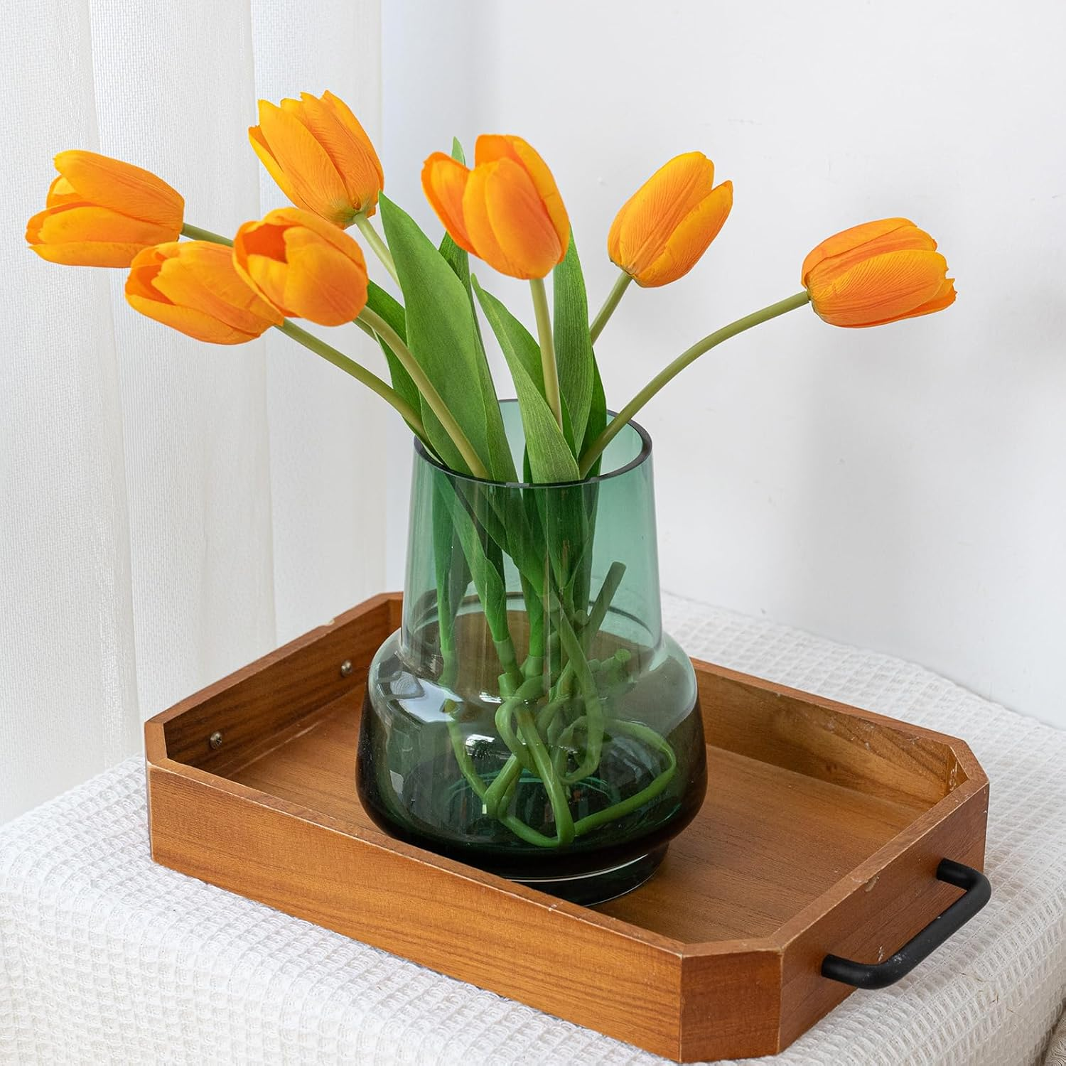 Relexome Green Glass Flower Vase for Centerpieces Bouquet Flowers Modern Wide Mouth Glass Vase Decorative Bud Vases for Home Decor, Living Room, Kitchen, Dining Table, Entryway 7.3 Inch image number 6