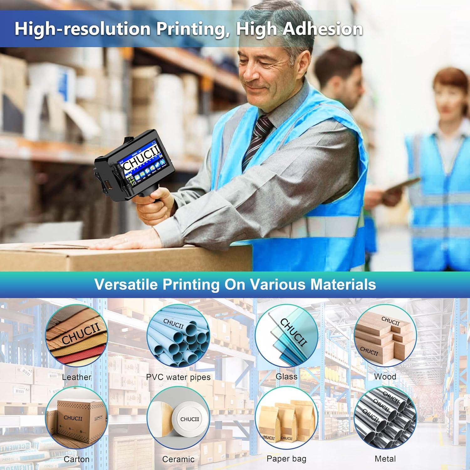 CHUCII Handheld Inkjet Printer, Hand Held Printer with 42Ml Quick-Drying Ink Cartridge, for Text Qrcode Barcode Date Time Logo Batch Number Print on Metal Wood Glass Cloth Carton Plastic image number 3