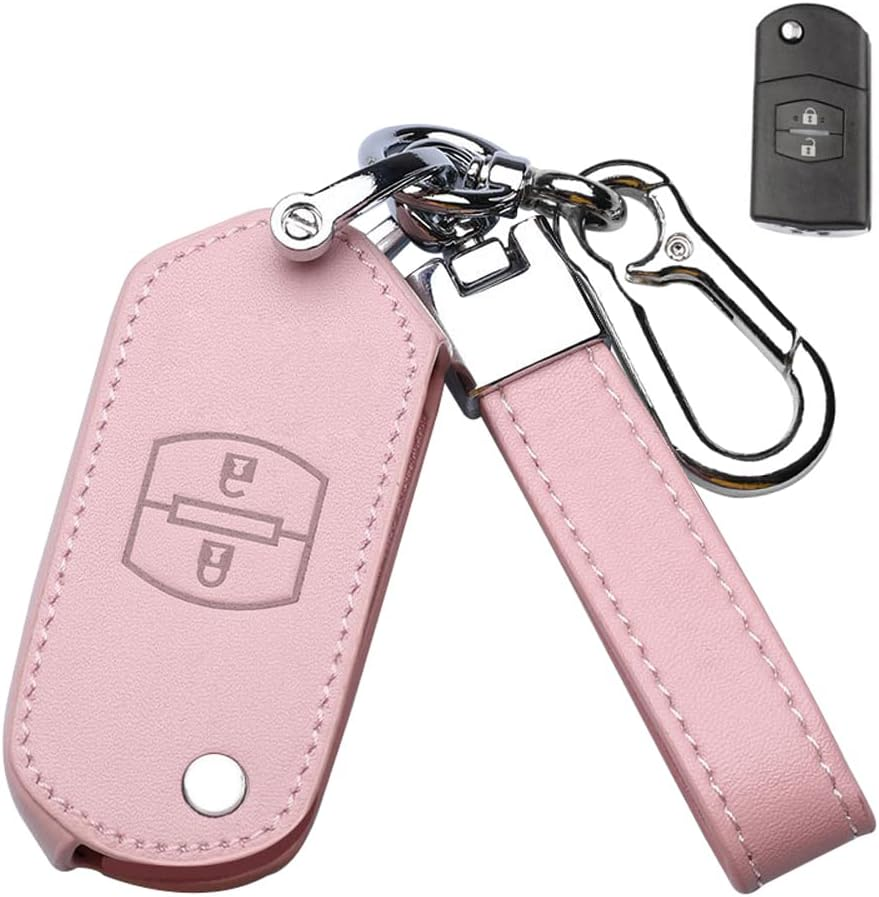 Ontto Leather Car Key Fob Cover Fit for Mazda 3, Alexa Keyring for Mazda 3, CX-30, CX-5, CX-9, 3 Sedan 2019 2020 Accessories Key Case Key Holder Keychain Protector 3 Buttons Pink