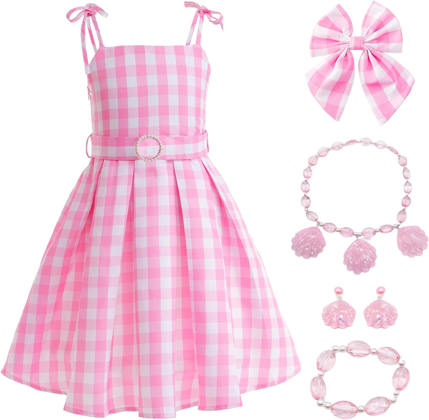 Girls Princess Dress Up,Pink Plaid Dress Pink Costume,Fancy Dress Pink Outfit for Book Week Day Halloween Birthday Party Dress up Ball Gown Halloween Costumes for Kids image number 5